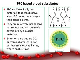 PFC based blood substitutesFC)
PFC are biologically inert
materials that can dissolve
about 50 times more oxygen
than blood plasma.
They are relatively inexpensive
to produce and can be made
devoid of any biological
materials.
Emulsion particles are 0.2
micron in diameter → Can
perfuse smallest capillaries,
where no RBC flow.
 