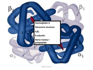 Haemoglobin A
Tetrameric structure
α2β2
4 subunits
Heme moiety +
polypeptide
SMACC Gold 14
 