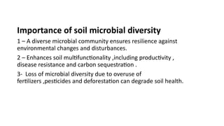 Importance of soil microbial diversity
1 – A diverse microbial community ensures resilience against
environmental changes and disturbances.
2 – Enhances soil multifunctionality ,including productivity ,
disease resistance and carbon sequestration .
3- Loss of microbial diversity due to overuse of
fertilizers ,pesticides and deforestation can degrade soil health.
 