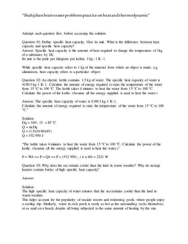 Practice Problems On Heat And Thermodynamics