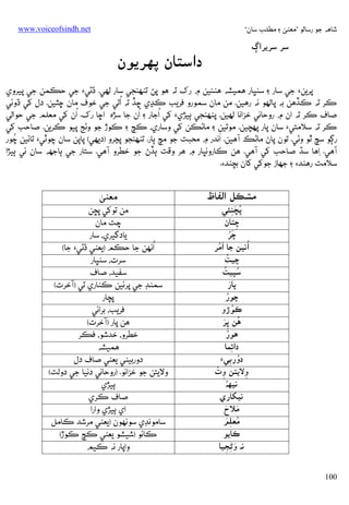 ‫ﺷﺎﻫﻪ ﺟﻮ رﺳﺎﻟﻮ ”ﻣﻌﻨﻰ ۽ ﻣﻄﻠﺐ ﺳﺎن“‬

‫‪www.voiceofsindh.net‬‬

‫ﺳﺮ ﺳﺮﻳﺮאڳ‬

‫دאﺳﺘﺎن ﭘﻬﺮﻳﻮن‬

‫ﭘﺮﻳﻦ‪ ‬ﺟﻲ ﺳﺎر ۽ ﺳﻨﭝﺎر ﻫﻤﻴﺸﻪ ﻫﻨﺌﻴﻦ ۾ رک ﺗﻪ ﻫﻮ ﭘﮡ ﺗﻨﻬﻨﺠﻲ ﺳﺎر ﻟﻬﻲ. ڌﮢﻲ‪ ‬ﺟﻲ ﺣﻜﻤﻦ ﺟﻲ ﭘﻴﺮوي‬
‫ُ‬
‫ﻛﺮ ﺗﻪ ﻛﮇﻫﻦ ﺑﻪ ﭘﺎﻟﻬﻮ ﻧﻪ رﻫﻴﻦ. ﻣﻦ ﻣﺎن ﺳﻤﻮرو ﻓﺮﻳﺐ ﻛﮃي ﮀﮇ ﺗﻪ אﺗﻲ ﺟﻲ ﺧﻮف ﻣﺎن ﮀﭩﻴﻦ. دل ﮐﻲ ڌوﺋﻲ‬
‫ُ‬
‫ُ‬
‫ُ‬
‫ﺻﺎف ﻛﺮ ﺗﻪ אن ۾ روﺣﺎﻧﻲ ﺧﺰאﻧﺎ ﻟﻬﻴﻦ. ﭘﻨﻬﻨﺠﻲ ﭔﻴﮍي‪ ‬ﮐﻲ אﺟﺎر ۽ אن ﺟﺎ ﺳﮍه אﮀﺎ رک. אن ﮐﻲ ﻣﻌﻠﻢ ﺟﻲ ﺣﻮאﻟﻲ‬
‫ﻛﺮ ﺗﻪ ﺳﻼﻣﺘﻲ‪ ‬ﺳﺎن ﭘﺎر ﭘﻬﭽﻴﻦ. ﻣﻮﺗﻴﻦ ۽ ﻣﺎﮢﻜﻦ ﮐﻲ وﺳﺎري، ﻛﭻ ۽ ﻛﻮڙ ﺟﻮ وﮢﺞ ﭘﻴﻮ ﻛﺮﻳﻦ. ﺻﺎﺣﺐ ﮐﻲ‬
‫َ‬
‫ُ‬
‫رﮘﻮ ﺳﭻ ﭤﻮ وﮢﻲ. ﺗﻮن ﭘﺎڻ ﻣﺎﮢﻚ آﻫﻴﻦ. אﻧﺪر ۾ ﻣﺤﺒﺖ ﺟﻮ ﻣﭻ ﭔﺎر. ﺗﻨﻬﻨﺠﻮ ﭘﭹﺮو )دﻳﻬﻲ( ﭘﺎﭘﻦ ﺳﺎن ﭼﻮﭨﻲ‪ ‬ﺗﺎﺋﻴﻦ ﭼﻮر‬
‫آﻫﻲ. ِאﻫﺎ ﺳﮅ ﺻﺎﺣﺐ ﮐﻲ آﻫﻲ. ﻫﻦ ﻛﺎروﻧﭝﺎر ۾ ﻫﺮ وﻗﺖ ﭔﮇڻ ﺟﻮ ﺧﻄﺮو آﻫﻲ. ﺳﺘﺎر ﺟﻲ ﭔﺎﺟﻬﻪ ﺳﺎن ﺋﻲ ﭔﻴﮍא‬
‫ﺳﻼﻣﺖ رﻫﻨﺪ‪ ‬۽ ﺟﮭﺎز ﺟﻮﮐﻲ ﮐﺎن ﺑﭽﻨﺪ‪.‬‬

‫ﻣﺸﻜﻞ אﻟﻔﺎظ‬
‫ﭘﮁﻨﺌﻲ‬
‫ُ َِ‬
‫ﭼﺘﺎن‬
‫ِ‬
‫َ‬
‫ُ‬
‫ﭼﺮ‬
‫ُאﻧﻴﻦ ﺟﺎ َ‬
‫ُ‬
‫אﻣﺮ‬
‫ُ‬
‫ﭼﻴﺖ‬
‫ُ ُ‬
‫ﺳﭙﻴﺖ‬
‫َ‬
‫ﭘﺎر‬
‫ُ‬
‫ﭼﻮر‬
‫ُ‬
‫ﻛﻮڙو‬
‫ُ َِ‬
‫ﻫﻦ ﭜﺮ‬
‫ُ‬
‫ﻫﻮر‬
‫دאﺋﻤﺎ‬
‫ِ‬
‫دورﺑﻲَء‬
‫ُ ِ‬
‫ِ ُ‬
‫وﻻﻳﺘﻦ وت‬
‫ِ‬
‫ُ‬
‫ﻧﻴﻬﻪ‬
‫ﻧﻴﮑﺎري‬
‫َ َ‬
‫ﻣﻼح‬
‫ُ َِ‬
‫ﻣﻌﻠﻢ‬
‫ﻛﺎﻳﻮ‬
‫ﻧﻪ وﮢﺠﻴﺎ‬
‫َ ِ ِ‬
‫001‬

‫ﻣﻌﻨﻰ‬
‫ﻣﻦ ﺗﻮﮐﻲ ﭘﮁﻦ‬
‫ﭼﺖ ﻣﺎن‬
‫ﻳﺎدﮔﻴﺮي، ﺳﺎر‬
‫ُ‬
‫אﻧﻬﻦ ﺟﺎ ﺣﻜﻢ )ﻳﻌﻨﻲ ڌﮢﻲ‪ ‬ﺟﺎ(‬
‫ﺳﺮت، ﺳﻨﭝﺎر‬
‫ﺳﻔﻴﺪ، ﺻﺎف‬
‫ﺳﻤﻨﮉ ﺟﻲ ﭘﺮﺋﻴﻦ ﻛﻨﺎري ﺗﻲ )آﺧﺮت(‬
‫ﭘﭽﺎر‬
‫ﻓﺮﻳﺐ، ﺑﺮאﺋﻲ‬
‫ﻫﻦ ﭘﺎر )آﺧﺮت(‬
‫ﺧﻄﺮو، ﺧﺪﺷﻮ، ﻓﻜﺮ‬
‫ﻫﻤﻴﺸﻪ‬
‫دورﺑﻴﻨﻲ ﻳﻌﻨﻲ ﺻﺎف دل‬
‫وﻻﻳﺘﻦ ﺟﻮ ﺧﺰאﻧﻮ. )روﺣﺎﻧﻲ دﻧﻴﺎ ﺟﻲ دوﻟﺖ(‬
‫ﭔﻴﮍي‬
‫ﺻﺎف ﻛﺮي‬
‫אي ﭔﻴﮍي وאرא‬
‫ﺳﺎﻣﻮﻧﮉي ﺳﻮﻧﻬﻮن )ﻳﻌﻨﻲ ﻣﺮﺷﺪ ﻛﺎﻣﻞ‬
‫ﻛﺎﺋﻮ )ﺷﻴﺸﻮ ﻳﻌﻨﻲ ﻛﭻ ﻛﻮڙ(‬
‫وאﭘﺎر ﻧﻪ ﻛﻴﻢ‬

 