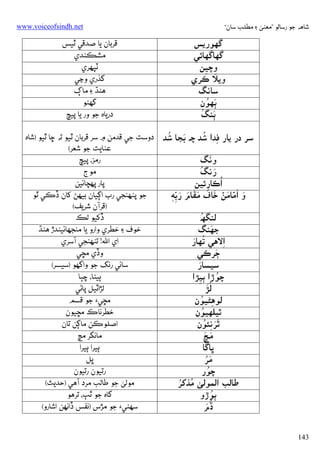 ‫ﺷﺎﻫﻪ ﺟﻮ رﺳﺎﻟﻮ ”ﻣﻌﻨﻰ ۽ ﻣﻄﻠﺐ ﺳﺎن“‬

‫‪www.voiceofsindh.net‬‬

‫ﮔﮭﻮرﻳﺲ‬
‫ﮔﮭﺎﮔﮭﺎﺋﻲ‬
‫وﭼﻴﻦ‬
‫ِ ِ‬
‫وﻳﻼ ﻛﺮي‬
‫ﺳﺎﻧﮓ‬
‫َ ُ‬
‫ﭔﻬﻮن‬
‫َ ُ‬
‫ﭔﻨﮓ‬

‫ﻗﺮﺑﺎن ﻳﺎ ﺻﺪﻗﻲ ﭤﻴﺲ‬
‫ﻣﺸﻜﻨﺪي‬
‫ﭨﭙﻬﺮي‬
‫ﮔﺬري وﭸﻲ‬
‫ﻫﻨﮅ ۽ ﻣﺎڳ‬
‫ﮔﮭﮣﻮ‬
‫درﻳﺎه ﺟﻮ ور ﻳﺎ ﭘﻴﭻ‬

‫َ ُ‬
‫ِ ُ‬
‫ﺳﺮ در ﻳﺎر ﻓﺪא ﺷﺪ ﭼﻪ ﺑﺠﺎ ﺷﺪ‬

‫دوﺳﺖ ﺟﻲ ﻗﺪﻣﻦ ۾ ﺳﺮ ﻗﺮﺑﺎن ﭤﻴﻮ ﺗﻪ ﮀﺎ ﭤﻴﻮ )ﺷﺎه‬
‫ﻋﻨﺎﻳﺖ ﺟﻮ ﺷﻌﺮ(‬
‫رﻣﺰ، ﭘﻴﭻ‬
‫ﻣﻮج‬
‫ﭘﺎر ﭘﻬﭽﺎﺋﻴﻦ‬
‫ﺟﻮ ﭘﻨﻬﻨﺠﻲ رب אﮘﻴﺎن ﺑﻴﻬﮡ ﮐﺎن ڏﻛﻲ ﭤﻮ‬
‫)ﻗﺮآن ﺷﺮﻳﻒ(‬
‫ڏﮐﻴﻮ ﻟﻚ‬
‫ﺧﻮف ۽ ﺧﻄﺮي وאرو ﻳﺎ ﻣﻨﺠﮭﺎﺋﻴﻨﺪڙ ﻫﻨﮅ‬
‫אي אﻪﻠﻟ! ﺗﻨﻬﻨﺠﻲ آﺳﺮي‬
‫وڏي ﻣﮁﻲ‬
‫ﺳﺎﺋﻲ رﻧﮓ ﺟﻮ وאﮔﮭﻮ )ﺳﻴﺴﺮ(‬
‫ﭔﻴﮣﺎ، ﭼﭕﺎ‬
‫ﻟﮍאﭨﻴﻞ ﭘﺎﮢﻲ‬
‫ﻣﮁﻲ‪ ‬ﺟﻮ ﻗﺴﻢ‬
‫ﺧﻄﺮﻧﺎכ ﻣﮁﻴﻮن‬
‫אﺻﻠﻮﻛﻦ ﻣﺎﮘﻦ ﺗﺎن‬
‫ﻣﺎﻧﮕﺮ ﻣﭿ‬
‫ﭔﻴﺮא ﭔﻴﺮא‬
‫ﭜﻞ‬
‫رﺗﻴﻮن رﺗﻴﻮن‬
‫ﻣﻮﻟﻰ ﺟﻮ ﻃﺎﻟﺐ ﻣﺮد آﻫﻲ )ﺣﺪﻳﺚ(‬
‫ﮔﺎه ﺟﻮ ﭤﭓ، ﺗﺮﻫﻮ‬
‫ﺳﻬﮣﻲ‪ ‬ﺟﻮ ﻣﮍس )ﻧﻔﺲ ڏאﻧﻬﻦ אﺷﺎرو(‬

‫َ‬
‫وﻧﮓ‬
‫َ ُ‬
‫رﻧﮓ‬
‫ُאﻛﺎرﺋﻴﻦ‬
‫ِ‬
‫و אﻣﺎﻣﻦ ﺧﺎف َ َ‬
‫َ َ َّ َ ۡ َ َ‬
‫ﻣﻘﺎم رﺑﮧ‬
‫َ َ ِّ ٖ‬
‫ُ‬
‫ﻟﻨﮕﮫ‬
‫َ‬
‫ﺟﮭﻨﮓ‬
‫ُ َ‬
‫אﻻﻫﻲ ﺗﻬﺎر‬
‫ِ‬
‫َ‬
‫ﭴﺮﻛﻲ‬
‫َ‬
‫ﺳﻴﺴﺎر‬
‫ُ‬
‫ﭼﻮڙא ﭔﻴﮍא‬
‫ِ‬
‫ُ‬
‫َ‬
‫ﻟﮍ‬
‫ِ ُ‬
‫ﻟﻮﻫﮣﻴﻮن‬
‫ُ‬
‫ﭤﻴﻠﻬﻴﻮن‬
‫ََ ِ ُ‬
‫ﭤﺮﻧﺌﻮن‬
‫َ َ‬
‫ﻣﭿ‬
‫ﭜﺎﮜﺎ‬
‫َُ‬
‫ﻣﺮ‬
‫ُ‬
‫ﭼﻮر‬
‫ُ ُ‬
‫ﻃﺎﻟﺐ אﻟﻤﻮﻟﻰ ﻣﺬﮐﺮ‬
‫ُ‬
‫ﭔﻮڙو‬
‫ُ َ‬
‫ڏم‬
‫341‬

 