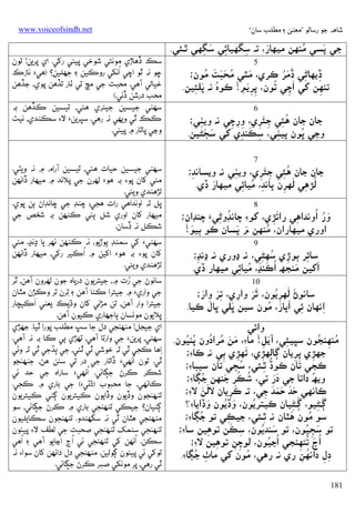 ‫ﺷﺎﻫﻪ ﺟﻮ رﺳﺎﻟﻮ ”ﻣﻌﻨﻰ ۽ ﻣﻄﻠﺐ ﺳﺎن“‬

‫ُ‬
‫َ‬
‫َ‬
‫ﺟﻲ ﭘﺴﻲ ﻣﻨﻬﻦ ﻣﻴﻬﺎر، ﺗﻪ ﺳﮕﮭﻴﺎﺋﻲ ﺳﮕﮭﻲ ﭤـﺌﻲ.‬
‫ِ َ ِ‬
‫ِ‬
‫5‬
‫ُ ََ َ ُ‬
‫َ‬
‫ِ ِ ََُ‬
‫ڏﻳﻬﺎﮢﻲ ڏﻣﺮ ﻛﺮي، ﻣﭥﻲ ﻣﺤﺒﺖ ﻣﻮن؛‬
‫َ‬
‫ُ‬
‫ﺗﻨﻬﻦ ﮐﻲ אﭼﻲ ﺗﻮن، ﭘﺮﻳﻢ! ﻛﻮه ﻧﻪ ﭘﻠﺌﻴﻦ.‬
‫َِِ ِ‬
‫ُ َ ِ‬
‫ِ‬
‫ِ‬
‫6‬
‫ُ‬
‫ﺟﺎن ﺟﺎن ﻫﺌﻲ ﺟﺌﺮي، ورﭼﻲ ﻧﻪ وﻳﭡﻲ؛‬
‫ِ‬
‫ِ ِ َِ‬
‫ِ ِ ِ‬
‫َ َ‬
‫ِ ُ‬
‫وﭸﻲ ﭜﻮن ﭘﻴﭡﻲ، ﺳﻜﻨﺪي ﮐﻲ ﺳﭵﮣﻴﻦ.‬
‫ِ َ ِ‬
‫ِ‬
‫7‬
‫ُ‬
‫ﺟﺎن ﺟﺎن ﻫﺌﻲ ﺟﺌﺮي، وﻳﭡﻲ ﻧﻪ وﻳﺴﺎﻧﺪ؛‬
‫ِ‬
‫ِ‬
‫ِ ِ َِ‬
‫َ‬
‫َ‬
‫ُﻟﮍﻫﻲ ﻟﻬﺮن ﭘﺎﻧﺪ، ﻣﻴﺎﺋﻲ ﻣﻴﻬﺎر ڏي.‬
‫ِ ُ ِ‬
‫ِ‬
‫ِ‬
‫8‬
‫َ‬
‫ُ‬
‫َ ُ‬
‫ور ُאوﻧﺪאﻫﻲ رאﺗﮍي، ﮐﻮ‪ ‬ﭼﺎﻧﮉوﮢﻲَء ﭼﻨﮉאن؛‬
‫ِ‬
‫ِ‬
‫ِ‬
‫َ َ‬
‫ُ‬
‫َ‬
‫אوري ﻣﻴﻬﺎرאن، ﻣﻨﻬﻦ م ﭘﺴﺎن ﻛﻮ ﭔﻴﻮ!‬
‫9‬
‫ﺳﺎﺋﺮ ﭔﻮڙي ﺳﻬﮣﻲ، ﻧﻪ ڍوري ﻧﻪ ڍﻧﮃ؛‬
‫ِ‬
‫ِ ُ ِ‬
‫ِ‬
‫َ‬
‫َ َ‬
‫אﮐﻴﻦ ﻣﻨﺠﮫ ُאﻛﻨﮃ، ُ‬
‫َ‬
‫ﻣﻴﺎﺋﻲ ﻣﻴﻬﺎر ڏي.‬
‫ِ‬
‫01‬
‫َ َ ُِ‬
‫َِ َ‬
‫ﺳﺎﻧﻮڻ ﻟﻬﺮﻳﻮن، ﭤﺮ وאري، ﺗﺮ وאر؛‬
‫ََ ِ‬
‫َ‬
‫َ‬
‫ِ َ َ ُ‬
‫אﻧﻬﺎن ﺋﻲ אﭘﺎر، ﻣﻮن ﺳﻴﻦ ﭜﻠﻲ ﭜﺎل ﻛﻴﺎ.‬
‫ِ‬
‫وאﺋﻲ‬
‫ﻣﻨﻬﻨﺠﻮن ﺳﭝﻴﺌﻲ، آﻳﻞ! ﻣﺎ‪ ،‬ﻣﻦ ُ ُ‬
‫ُ ِ ُ‬
‫ُ ُ‬
‫َ َ ﻣﺮאدون ﭘﻨﻴﻮن.‬
‫ِ‬
‫َ ِ‬
‫َ‬
‫ﺟﻬﮍي ﭘﺮﻳﺎن ﮘﺎﻟﮭﮍي، ﺗﻬﮍي ﭔﻲ ﻧﻪ ﻛﺎ‪‬؛‬
‫ِ‬
‫ِ ِِ‬
‫ِ ِ‬
‫ُ‬
‫ﻛﺠﻲ ﺗﺎن ﻛﻮڏ ﭤـﺌﻲ، ُ‬
‫ﺳﭵﻲ ﺗﺎن ﺳﻴﺒﺎ‪‬؛‬
‫ِ‬
‫وﻳﮫ دאﺗﺎ ﺟﻲ در ﺗﻲ، ُ ُ‬
‫ُ‬
‫ُ‬
‫َ‬
‫ََ‬
‫ﺷﻜﺮ ﺟﻨﻬﻦ ﺟﮙﺎ‪‬؛‬
‫ﻛﺎﻧﻬﻲ ﺣﺪ ﺣﻤﺪ ﺟﻲ، ﺗﻪ ﻛﺮﻳﺎن َ‬
‫َ‬
‫َ ِ ﻻﻟﻦ ﻻ‪‬؛‬
‫ََ ََ َ ِ‬
‫َ‬
‫َ‬
‫َ ُ‬
‫ُ‬
‫َ‬
‫ﮘـﮣﻴﻮ، ﮘـﮣﻴﺎن ﻛﻴﺘﺮﻳﻮن، وڏﻳﻮن وڏאﻳﺎ‪‬؟‬
‫ِ‬
‫ِ‬
‫َ‬
‫ُ‬
‫ُ‬
‫ﺳﻮ ﻣﻮن ﻫﭥﺎن ﻧﻪ ﭤـﺌﻲ، ﺟﻴﻜﻲ ﺗﻮ ﺟﮙﺎ‪‬؛‬
‫ِ‬
‫ِ‬
‫ِ َ‬
‫َ ُ‬
‫َ ِ ُ‬
‫ﺗﻮ ﺳﭵﻴﻮن، ﺗﻮ ﺳﻨﺪﻳﻮن، ﺳﻜﻦ ﺗﻮﻫﻴﻦ ﺳﺎ‪‬؛‬
‫ِ‬
‫ُ‬
‫ُ‬
‫ُאڃ ﺗﻨﻬﻨﺠﻲ ُאﭸﻴﻮن، ﻟﻮﭼﻦ ﺗﻮﻫﻴﻦ ﻻ‪‬؛‬
‫ِ‬
‫ِ ِ‬
‫َ ِ‬
‫ِ ُ‬
‫ُ‬
‫دل دאﻧﻬﻦ ري ﻧﻪ رﻫﻲ، ﻣﻮن ﮐﻲ ﻣﺎٺ ﺟﮙﺎ‪.‬‬
‫ِ ِ ُ ِ‬
‫181‬

‫‪www.voiceofsindh.net‬‬

‫ﺳﻚ ڏﻫﺎڙي ﻣﻮﻧﺘﻲ ﺷﻮﺧﻲ ﭘﻴﺌﻲ رﮐﻲ. אي ﭘﺮﻳﻦ! ﺗﻮن‬
‫ُ‬
‫ﮀﻮ ﻧﻪ ﭤﻮ אﭼﻲ אﻧﮑﻲ روﻛﻴﻦ ۽ ﺟﮭﻠﻴﻦ؟ )ﻫﻲ‪ ‬ﻧﺎزכ‬
‫ﺧﻴﺎﻟﻲ آﻫﻲ. ﻣﺤﺒﺖ ﺟﻲ ﻣﭻ ﺗﻲ ﭠﺎر ﺗﮇﻫﻦ ﭘﻮي، ﺟﮇﻫﻦ‬
‫ﻣﺤﺐ درﺷﻦ ڏﺋﻲ.(‬
‫ﺳﻬﮣﻲ ﺟﻴﺴﻴﻦ ﺟﻴﺌﺮي ﻫﺌﻲ، ﺗﻴﺴﻴﻦ ﻛﮇﻫﻦ ﺑﻪ‬
‫ﻛﻚ ﭤﻲ وﻳﻬﻲ ﻧﻪ رﻫﻲ. ﺳﭙﺮﻳﻦ‪ ‬ﻻ‪ ‬ﺳﻜﻨﺪي، ﻧﻴﭟ‬
‫وﭸﻲ ﭘﺎﺗﺎر ۾ ﭘﻴﺌﻲ.‬

‫ﺳﻬﮣﻲ ﺟﻴﺴﻴﻦ ﺣﻴﺎت ﻫﺌﻲ، ﺗﻴﺴﻴﻦ آرאم ۾ ﻧﻪ وﻳﭡﻲ.‬
‫ﻣﺌﻲ ﮐﺎن ﭘﻮ‪ ‬ﺑﻪ ﻫﻮ‪ ‬ﻟﻬﺮن ﺟﻲ ﭘﻼﻧﺪ ۾ ﻣﻴﻬﺎر ڏאﻧﻬﻦ‬
‫ﻟﮍﻫﻨﺪي وﻳﺌﻲ.‬
‫ﭜﻞ ﺗﻪ אوﻧﺪאﻫﻲ رאت ﻫﺠﻲ؛ ﭼﻨﮉ ﺟﻲ ﭼﺎﻧﮉאڻ ﭔﻦ ﭘﻮي.‬
‫ﻣﻴﻬﺎر ﮐﺎن אوري ﺷﻞ ﭔﺌﻲ ﻛﻨﻬﻦ ﺑﻪ ﺷﺨﺺ ﺟﻲ‬
‫ﺷﻜﻞ ﻧﻪ ڏﺳﺎن.‬
‫ﺳﻬﮣﻲ‪ ‬ﮐﻲ ﺳﻤﻨﮉ ﭔﻮڙﻳﻮ، ﻧﻪ ﻛﻨﻬﻦ ﻧﻬﺮ ﻳﺎ ڍﻧﮃ. ﻣﺌﻲ‬
‫ُ‬
‫ﮐﺎن ﭘﻮ‪ ‬ﺑﻪ ﻫﻮ‪ ‬אﮐﻴﻦ ۾ אﻛﻴﺮ رﮐﻲ، ﻣﻴﻬﺎر ڏאﻧﻬﻦ‬
‫ﻟﮍﻫﻨﺪي وﻳﺌﻲ.‬
‫ُ‬
‫ﺳﺎﻧﻮڻ ﺟﻲ رت ۾، ﺟﻴﺘﺮﻳﻮن درﻳﺎه ﺟﻮن ﻟﻬﺮون آﻫﻦ، ﭤﺮ‬

‫ﺟﻲ وאري‪ ‬۾ ﺟﻴﺘﺮא ﻛﮣﺎ آﻫﻦ ۽ ِﺗﺮن ﺗﺮ وﻛﮍن ﻣﭥﺎن‬
‫َ‬
‫ﺟﻴﺘﺮא وאر آﻫﻦ، ﺗﻦ ﻣﮍﻧﻲ ﮐﺎن وڌﻳﻚ ﻳﻌﻨﻲ אﻛﻴﭽﺎر‬
‫ﭜﻼﻳﻮن ﻣﻮﻧﺴﺎن ﭔﺎﺟﮭﺎري ﻛﻴﻮن آﻫﻦ.‬
‫אي ﺟﻴﺠﻞ! ﻣﻨﻬﻨﺠﻲ دل ﺟﺎ ﺳﭛ ﻣﻄﻠﺐ ﭘﻮرא ﭤﻴﺎ. ﺟﮭﮍي‬
‫ﺳﻬﮣﻲ، ﭘﺮﻳﻦ‪ ‬ﺟﻲ وאرﺗﺎ آﻫﻲ، ﺗﻬﮍي ﭔﻲ ﻛﺎ ﺑﻪ ﻧﻪ آﻫﻲ.‬
‫ِאﻫﺎ ﻛﺠﻲ ﭤﻲ ﺗﻪ ﺧﻮﺷﻲ ﭤﻲ ﭤﺌﻲ، ﺟﻲ ﭔﮅﺟﻲ ﭤﻲ ﺗﻪ وﮢﻲ‬
‫ُ‬
‫ﭤﻲ. ﺗﻮن אﻧﻬﻲ‪ ‬ڏאﺗﺎر ﺟﻲ در ﺗﻲ ﺳﺌﻦ ﻫﮡ، ﺟﻨﻬﻨﺠﻮ‬
‫ُ‬
‫ﺷﻜﺮ ﻛﺮڻ ﺟﮙﺎﺋﻲ. אﻧﻬﻲ‪ ‬ﺳﺎرאه ﺟﻲ ﺣﺪ ﺋﻲ‬
‫ﻛﺎﻧﻬﻲ، ﺟﺎ ﻣﺤﺒﻮب )ڌﮢﻲ‪ (‬ﺟﻲ ﺑﺎري ۾ ﻛﺠﻲ.‬
‫ﺗﻨﻬﻨﺠﻮن وڏﻳﻮن وڏאﻳﻮن ﻛﻴﺘﺮﻳﻮن ﮘﮣﻲ ﻛﻴﺘﺮﻳﻮن‬
‫ﮘﮣﻴﺎن؟ ﺟﻴﻜﻲ ﺗﻨﻬﻨﺠﻲ ﺑﺎري ۾ ﻛﺮڻ ﺟﮙﺎﺋﻲ، ﺳﻮ‬
‫ﻣﻨﻬﻨﺠﻲ ﻫﭥﺎن ﭤﻲ ﻧﻪ ﺳﮕﮭﻨﺪو. ﺗﻨﻬﻨﺠﻮن ﺳﻜﺎﻳﻠﻴﻮن‬
‫ﺗﻨﻬﻨﺠﻲ ﺳﻨﻤﮏ ﺗﻨﻬﻨﺠﻲ ﺻﺤﺒﺖ ﺟﻲ ﻟﻄﻒ ﻻ‪ ‬ﭘﻴﺌﻮن‬
‫ُ‬
‫ُ‬
‫ُ‬
‫ﺳﻜﻦ. אﻧﻬﻦ ﮐﻲ ﺗﻨﻬﻨﺠﻲ ﺋﻲ אڃ אﭸﺎﻳﻮ آﻫﻲ ۽ אﻫﻲ‬
‫ﺗﻮﮐﻲ ﺋﻲ ﭘﻴﺌﻮن ﮘﻮﻟﻴﻦ. ﻣﻨﻬﻨﺠﻲ دل دאﻧﻬﻦ ﮐﺎن ﺳﻮא‪ ‬ﻧﻪ‬
‫ﭤﻲ رﻫﻲ، ﭘﺮ ﻣﻮﻧﮑﻲ ﺻﺒﺮ ﻛﺮڻ ﺟﮙﺎﺋﻲ.‬

 