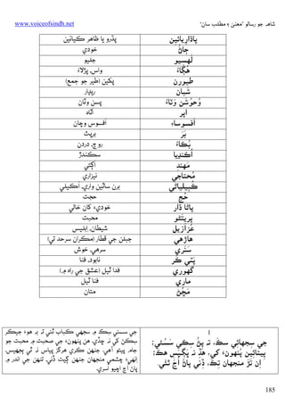 ‫ﺷﺎﻫﻪ ﺟﻮ رﺳﺎﻟﻮ ”ﻣﻌﻨﻰ ۽ ﻣﻄﻠﺐ ﺳﺎن“‬

‫ﭘﺎڌאرﻳﺎﺋﻴﻦ‬
‫ِ ِ‬
‫ُ‬
‫ﭴﺎڻ‬
‫َ‬
‫ﻟﻬﺴﻴﻮ‬
‫ِ‬
‫ُ‬
‫ﻫﮙﺎ‪‬‬
‫ﻃﻴﻮرن‬
‫َ‬
‫ﺷﺒﺎن‬
‫ُ ُ َ َ‬
‫وﺣﻮﺷﻦ وﭨﺎ‪‬‬
‫אﭘﺮ‬
‫َ‬
‫אﻓﺴﻮﺳﺎ‪‬‬
‫ََ‬
‫ﺑﺮ‬
‫ُ‬
‫ﺑﻜﺎ‪‬‬
‫ُאﻛﻨﮃﻳﺎ‬
‫ﻣﻬﻨﺪ‬
‫َ ِ‬
‫ُ‬
‫ﻣﺤﺘﺎﺟﻲ‬
‫ُ‬
‫ﻛﭕﻴﻠﻴﺎﮢﻲ‬
‫ُ‬
‫ﺣﺞ‬
‫ﭘﺎﮢﺎ ڌאر‬
‫َِ‬
‫ﭘﺮﻳﺘﮣﻮ‬
‫ِ‬
‫َ‬
‫ﻋﺰאزﻳﻞ‬
‫ﻫﺎڙﻫﻲ‬
‫ََ‬
‫ﺳﻨﺮي‬
‫َ‬
‫َ‬
‫ﭘﭩﻲ ﻛﺮ‬
‫ﮔﮭﻮري‬
‫ﻣﺎري‬
‫َ ُ‬
‫ﻣﮁﮡ‬

‫1‬
‫َ‬
‫ُ‬
‫ﺟﻲ ﺳﺠﮭﺎﺋﻲ ﺳﻚ، ﺗﻪ ﭘﮡ ﺳﻜﻲ َ ُ‬
‫ﺳﺴﺌﻲ؛‬
‫ِ ِ‬
‫ِ‬
‫ِ‬
‫ﭘﻴﺘﺎﺋﻴﻦ ﭘﻨﻬﻮنَء ﮐﻲ، ﻫﮇ ﻧﻪ ﭜﮙـﻴﺲ َ‬
‫ِ ِ ُ‬
‫ِ َ ِ َ ِ ﻫﻚ؛‬
‫ِ ََ‬
‫َ َ َ‬
‫אن ﺗﮍ ﻣﻨﺠﮭﺎن ﺗﻚ، ڏﻧﻲ ﭘﺎڻ ُאڃ ﭤﺌﻲ.‬
‫ِ َ ِ‬
‫581‬

‫‪www.voiceofsindh.net‬‬

‫ﭘﮅرو ﻳﺎ ﻇﺎﻫﺮ ﻛﻴﺎﺋﻴﻦ‬
‫ﺧﻮدي‬
‫ﺟﻠﻴﻮ‬
‫وאس، ﭘﮍﻻُء‬
‫ﭘﮑﻴﻦ )ﻃﻴﺮ ﺟﻮ ﺟﻤﻊ(‬
‫رﻳﮃאر‬
‫ﭘﺴﻦ وﭨﺎن‬
‫َ‬
‫אﭤﺎه‬
‫َ‬
‫אﻓﺴﻮس وﭼﺎن‬
‫ﺑﺮﭘﭧ‬
‫روڄ، دردن‬
‫ﺳﻜﻨﺪڙ‬
‫َ‬
‫אﮘﺘﻲ‬
‫ﻧﻴﺰאري‬
‫َ‬
‫ﺑﺮن ﺳﺎﭤﻴﻦ وאري، אﻛﻴﻠﻲ‬
‫ﺣﺠﺖ‬
‫ﺧﻮدي‪ ‬ﮐﺎن ﺧﺎﻟﻲ‬
‫ﻣﺤﺒﺖ‬
‫ﺷﻴﻄﺎن، ِאﺑﻠﻴﺲ‬
‫ﺟﺒﻠﻦ ﺟﻲ ﻗﻄﺎر )ﻣﻜﺮאن ﺳﺮﺣﺪ ﺗﻲ(‬
‫ﺳﺮﻫﻲ، ﺧﻮش‬
‫ﻧﺎﺑﻮد، ﻓﻨﺎ‬
‫ﻓﺪא ﭤﻴﻞ )ﻋﺸﻖ ﺟﻲ رאه ۾(‬
‫ﻓﻨﺎ ﭤﻴﻞ‬
‫ﻣﺘﺎن‬

‫ﺟﻲ ﺳﺴﺌﻲ ﺳﻚ ۾ ﺳﺠﮭﻲ ﻛﺒﺎب ﭤﺌﻲ ﺗﻪ ﺑﻪ ﻫﻮ‪ ‬ﺟﻴﻜﺮ‬
‫ِ‬
‫ﺳﻜﮡ ﮐﻲ ﻧﻪ ﮀﮇي. ﻫﻦ ﭘﻨﻬﻮن‪ ‬ﺟﻲ ﺻﺤﺒﺖ ۾ ﻣﺤﺒﺖ ﺟﻮ‬
‫ِ‬
‫ﺟﺎم ﭘﻴﺘﻮ آﻫﻲ. ﺟﻨﻬﻦ ﻛﺮي ﻫﺮﮔﺰ ﭘﻴﺎس ﻧﻪ ﭤﻲ ﭔﺠﮭﻴﺲ.‬
‫ِאﻧﻬﻲ‪ ‬ﭼﺸﻤﻲ ﻣﻨﺠﮭﺎن ﺟﻨﻬﻦ ﮘﻴﺖ ڏﻧﻲ، ﺗﻨﻬﻦ ﺟﻲ אﻧﺪر ۾‬
‫ُ‬
‫ُ‬
‫ﭘﺎڻ אڃ אﭼﻴﻮ אﺳﺮي.‬

 