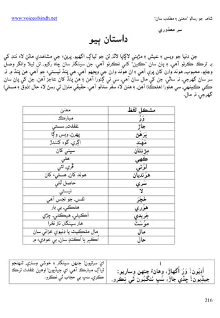 ‫ﺷﺎﻫﻪ ﺟﻮ رﺳﺎﻟﻮ ”ﻣﻌﻨﻰ ۽ ﻣﻄﻠﺐ ﺳﺎن“‬

‫ﺳﺮ ﻣﻌﺬوري‬

‫‪www.voiceofsindh.net‬‬

‫دאﺳﺘﺎن ﭔﻴﻮ‬

‫ﺟﻦ دﻧﻴﺎ ﺟﻮ وﻳﺲ ۽ ﻋﻴﺶ ۽ ﻣﮍﻳﺌﻲ ﻻﮘﺎﭘﺎ ﻻﭤﺎ، ﺗﻦ ﺟﻮ ﺗﻴﺎڳ אﮔﮭﻴﻮ. ﭘﺮﻳﻦ‪ ‬ﺟﻲ ﻣﺸﺎﻫﺪي ﻣﺎﮢﮡ ﻻ‪ ‬ﻧﻨﮉ ﮐﻲ‬
‫ﺑﻪ ﺗﺮכ ﻛﺮﮢﻮ آﻫﻲ، ۽ ﭘﺎڻ ﺳﺎن ”ﻛﻴﻦ“ ﮐﮣﻲ ﻧﻜﺮﮢﻮ آﻫﻲ. ﺟﻦ ﺳﻴﻨﮕﺎر ﺳﺎن ﭼﺎه رﮐﻴﻮ، ﺗﻦ ﻟﻴﻼ وאﻧﮕﺮ وﺻﻞ‬
‫وﭸﺎﻳﻮ. ﻣﺤﺒﻮب، ﻫﻮﻧﺪ وאرن ﮐﺎن ﭘﺮي آﻫﻲ ۽ אڻ ﻫﻮﻧﺪ وאرن ﺟﻲ وﻳﺠﮭﻮ آﻫﻲ. ﻫﻲ ﭘﻨﮅ ﻧﻴﺴﺘﻲ‪ ‬ﺟﻮ آﻫﻲ. ﻫﻦ ﭘﻨﮅ ۾ ﻧﻪ‬
‫ﺳﺮ ﺳﺎڻ ﮔﮭﺮﺟﻲ، ﻧﻪ ﺳﺎﭤﻲ. ﺟﻦ ﮐﻲ ﻣﺎل ﺳﺎڻ آﻫﻲ، ﺳﻲ ﺋﻲ ﮘﺌﻮرא آﻫﻦ ۽ ﻫﻦ ﭘﻨﮅ ﮐﺎن ﻋﺎﺟﺰ آﻫﻦ. ﺟﻦ ﮐﻲ ﭘﺎڻ ﺳﺎن‬
‫ﻛﻲ ﻛﻴﻨﻬﻲ، ﺳﻲ ﻫﺌﻮرא )ﻫﻠﻜﺎ( آﻫﻦ، ۽ ﻫﻨﻦ ﻻ‪ ‬ﺳﻔﺮ ﺳﮣﺎﺋﻮ آﻫﻲ. ﺣﻘﻴﻘﻲ ﻣﻨﺰل ﺗﻲ رﺳﮡ ﻻ‪ ‬ﺣﺎل )ذوق ۽ ﻣﺴﺘﻲ(‬
‫ﮔﮭﺮﺟﻲ، ﻧﻪ ﻣﺎل.‬

‫ﻣﺸﻜﻞ ﻟﻔﻆ‬
‫َ ُ‬
‫ور‬
‫ﺟﺎڙ‬
‫ََ َ‬
‫ﭘﺮﻫﮡ‬
‫ﻣﻬﻨﺪ‬
‫ََ ِ‬
‫ِِ َِ‬
‫ﻣﮍﻧﺌﺎن‬
‫َ‬
‫ﻛﻬﻲ‬
‫ُ‬
‫ﻟﻮﭨﻲ‬
‫ُ‬
‫ﻫﻮﻧﺪﻳﺎن‬
‫َ‬
‫ﺳﺮي‬
‫ﻻ‬
‫َ ََ‬
‫ﺧﭽﺮ‬
‫ُ‬
‫ﻫﻮري‬
‫َ‬
‫ﺟﺮﻳﺪي‬
‫ُ َ ُ‬
‫ﻣﻮﺳﭧ‬
‫ﻣﺎل‬
‫ِ‬
‫ﺣﺎل‬
‫ِ‬
‫1‬
‫َ‬
‫َ ُِ‬
‫َ ُ‬
‫אدﻳﻮن! ور ُאﮔﮭﺎڙ، وﮬﺎن‪ ‬ﺟﻨﮭﻦ وﺳﺎرﻳﻮ؛‬
‫ِ‬
‫ِ‬
‫َ َ ِ َ ُ‬
‫ﺟﻴﮇﻳﻮن! ﮀﮇي ﺟﺎڙ، ﺳﭛ ﻧﻨﮕـﻴﻮن ﭤﻲ ﻧﻜﺮو.‬
‫ِ‬
‫ِ‬
‫612‬

‫ﻣﻌﻨﻰ‬
‫ﻣﺒﺎرכ‬
‫ﻏﻔﻠﺖ، ﺳﺴﺘﻲ‬
‫ﭘﻬﺮڻ، وﻳﺲ وﮘﺎ‬
‫אﮘﺮي، ﮔﻮ‪ ‬ﮐﮣﻨﺪڙ‬
‫ﺳﭝﻨﻲ ﮐﺎن‬
‫ﻫﻠﻲ‬
‫ﭰﺮي، ﻟﭩﻲ‬
‫ﻫﻮﻧﺪ ﮐﺎن، ﻫﺴﺘﻲ‪ ‬ﮐﺎن‬
‫ﺣﺎﺻﻞ ﭤﺌﻲ‬
‫ﻧﻴﺴﺘﻲ‬
‫ﻧﻔﺲ، ﺟﻮ ﻧﺠﺲ آﻫﻲ‬
‫ﻫﻠﻜﻲ، ﺑﻲ ﺑﺎر‬
‫َ‬
‫אﻛﻴﻠﻲ، ﻫﻴﻜﻠﻲ، ﮀﮍي‬
‫ﻫﺎر ﺳﻴﻨﮕﺎر، ﻧﺎز ﻧﺨﺮא‬
‫ﻣﺎل ﻣﻠﻜﻴﺖ ﻳﺎ دﻧﻴﻮي ﺧﺰאﻧﻲ ﺳﺎن‬
‫ُ‬
‫ُ‬
‫אﻛﻴﺮ ﻳﺎ אﻛﻨﮃ ﺳﺎن، ﺑﻲ ﺧﻮدي‪ ‬۾‬

‫אي ﺳﺮﺗﻴﻮن! ﺟﻨﻬﻦ ﺳﻴﻨﮕﺎر ۽ ﺧﻮﺷﻲ وﺳﺎري، ﺗﻨﻬﻨﺠﻮ‬
‫ﺗﻴﺎڳ ﻣﺒﺎرכ آﻫﻲ. אي ﺟﻴﮇﻳﻮن! אوﻫﻴﻦ ﻏﻔﻠﺖ ﺗﺮכ‬
‫ﻛﺮي، ﺳﭛ ﺑﻲ ﺣﺠﺎب ﭤﻲ ﻧﻜﺮو.‬

 