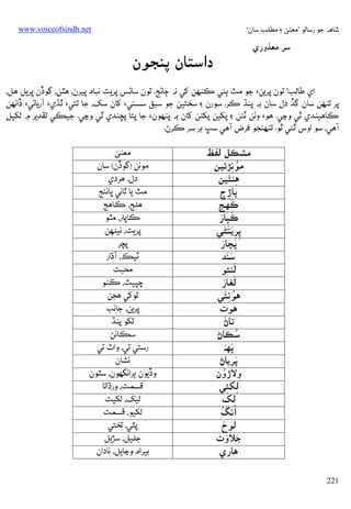 ‫ﺷﺎﻫﻪ ﺟﻮ رﺳﺎﻟﻮ ”ﻣﻌﻨﻰ ۽ ﻣﻄﻠﺐ ﺳﺎن“‬

‫ﺳﺮ ﻣﻌﺬوري‬

‫‪www.voiceofsindh.net‬‬

‫دאﺳﺘﺎن ﭘﻨﺠﻮن‬

‫אي ﻃﺎﻟﺐ! ﺗﻮن ﭘﺮﻳﻦ‪ ‬ﺟﻮ ﻣﭧ ﭔﺌﻲ ﻛﻨﻬﻦ ﮐﻲ ﻧﻪ ﭴﺎﮢﺞ. ﺗﻮن ﺳﺎﮢﺲ ﭘﺮﻳﺖ ﻧﺒﺎه. ﭘﻴﺮن، ﻫﭥﻦ، ﮔﻮڏن ﭜﺮﻳﻞ ﻫﻞ،‬
‫ﭘﺮ ﺗﻨﻬﻦ ﺳﺎن ﮔﮇ دل ﺳﺎن ﺑﻪ ﭘﻨﮅ ﻛﺮ. ﺳﻮرن ۽ ﺳﺨﺘﻴﻦ ﺟﻮ ﺳﺒﻖ ﺳﺴﺌﻲ‪ ‬ﮐﺎن ﺳﮏ، ﺟﺎ ﺗﺘﻲ‪ ‬ﭤﮅي‪ ‬آرﻳﺎﮢﻲ‪ ‬ڏאﻧﻬﻦ‬
‫ﻛﺎﻫﻴﻨﺪي ﭤﻲ وﭸﻲ. ﻫﻮ‪ ‬وﮢﻦ ﭨﮣﻦ ۽ ﭘﮑﻴﻦ ﭘﮑﮣﻦ ﮐﺎن ﺑﻪ ﭘﻨﻬﻮن‪ ‬ﺟﺎ ﭘﺘﺎ ﭘﮁﻨﺪي ﭤﻲ وﭸﻲ. ﺟﻴﻜﻲ ﺗﻘﺪﻳﺮ ۾ ﻟﮑﻴﻞ‬
‫آﻫﻲ، ﺳﻮ אوس ﭤﺌﻲ ﭤﻮ. ﺗﻨﻬﻨﺠﻮ ﻓﺮض آﻫﻲ ﺳﭛ ﺑﺮ ﺳﺮ ﻛﺮڻ.‬

‫ﻣﺸﻜﻞ ﻟﻔﻆ‬
‫ﻣﻮﻧﮍﺋﻴﻦ‬
‫ُ ِ‬
‫ِ َ‬
‫ﻫﻨﺌﻴﻦ‬
‫ﭘﺎڙج‬
‫ِ ِ‬
‫ﻛﻬﺞ‬
‫َ ِ ِ‬
‫َ َ‬
‫ﻛﭙﺎر‬
‫ََ‬
‫ﭘﺮﻳﺘﮣﻲ‬
‫ِِ‬
‫َ‬
‫ﭘﭽﺎرَ‬
‫ََ‬
‫ﺳﻨﺪ‬
‫َ‬
‫ﻟﻨﺌﻮ‬
‫َ َ‬
‫ﻟﻐﺎر‬
‫ُ َِ‬
‫ﻫﻮﻧﺌﻲ‬
‫ﻫﻮت‬
‫َ‬
‫ﺗﺎڻ‬
‫ُ‬
‫ﺳﻜﺎڻ‬
‫َ َ‬
‫ﭘﻬﻪ‬
‫ﭘﺮﻳﺎڻ‬
‫َِ‬
‫ِ ُ‬
‫وﻻڙون‬
‫ﻟﮑﺌﻲ‬
‫ِ ِ‬
‫ﻟﮏ‬
‫ِ‬
‫َ‬
‫אﻧﮓُ‬
‫َ‬
‫ﻟﻮح‬
‫َ َ‬
‫ﺟﻼوت‬
‫ﻫﺎري‬
‫122‬

‫ﻣﻌﻨﻰ‬
‫ﻣﻮﻧﻦ )ﮔﻮڏن( ﺳﺎن‬
‫دل، ﻫﺮدي‬
‫ﻣﭧ ﻳﺎ ﺛﺎﻧﻲ ﭜﺎﻧﺌﺞ‬
‫ﻫﻠﺞ، ﻛﺎﻫﺞ‬
‫ﻛﺎﭘﺎر، ﻣﭥﻮ‬
‫ﭘﺮﻳﺖ، ﻧﻴﻨﻬﻦ‬
‫ﭘﭽﺮ‬
‫ﭨﻴﻚ، آڌאر‬
‫ﻣﺤﺒﺖ‬
‫ﭼﭙﻴﭧ، ﻛﮣﻮ‬
‫ﺗﻮﮐﻲ ﻫﺠﻦ‬
‫ﭘﺮﻳﻦ، ﺟﺎﻧﺐ‬
‫ﺗﮑﻮ ﭘﻨﮅ‬
‫ﺳﻜﺎﺋﮡ‬
‫رﺳﺘﻲ ﺗﻲ، وאٽ ﺗﻲ‬
‫ﻧﺸﺎن‬
‫وڏﻳﻮن ﭔﺮאﻧﮕﮭﻮن، ﺳﭩﻮن‬
‫ﻗﺴﻤﺖ، ورڌאﺗﺎ‬
‫ﻟﻴﮏ، ﻟﮑﻴﺖ‬
‫ﻟﮑﻴﻮ، ﻗﺴﻤﺖ‬
‫ﭘﭩﻲ، ﺗﺨﺘﻲ‬
‫ﺟﻠﻴﻞ، ﺳﮍﻳﻞ‬
‫ﺑﻴﺮאه، وﭸﺎﻳﻞ، ﻧﺎدאن‬

 