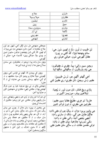 ‫ﺷﺎﻫﻪ ﺟﻮ رﺳﺎﻟﻮ ”ﻣﻌﻨﻰ ۽ ﻣﻄﻠﺐ ﺳﺎن“‬

‫‪www.voiceofsindh.net‬‬

‫ُ‬
‫دאرون‬
‫ُ‬
‫ﻛﺎرون‬
‫ﻧﺎڙون‬
‫َ‬
‫ﺳﻴﮡ‬
‫ُ‬
‫ﺳﺎرون‬
‫ُ‬
‫ڏﮐﻨﺪא‬
‫ﻣﻬﺮيَء‬
‫ِ ِ‬
‫ُ‬
‫ﺗﻤﺎري‬

‫1‬
‫ُ‬
‫َ َ‬
‫ُ َ‬
‫ﺗﻦ ﻃﺒﻴﺐ ﻧﻪ ﺗﻮن، ﺳﮅ ﻧﻪ ﻟﻬﻴﻦ ﺳﻮر ﺟﻲ؛‬
‫ُ ِ‬
‫ََ‬
‫ُ‬
‫ََ‬
‫ﺳﺎﻧﮃ ﭘﻨﻬﻨﺠﺎ ڊﺑﮍא، ﮐﮇ ﮐﮣﻲ ۾ ﭜﻮن؛‬
‫ِ‬
‫َ ُ‬
‫ﻛﺎن ﮔﮭﺮﺟﻲ ﻣﻮن، ﺣﻴﺎﺗﻲ َ‬
‫ُ‬
‫ِ ﻫﻮﺗﻦ ري‬
‫ِ‬
‫2‬
‫وﻳﭵﻦ ﺳﻴﻦ وאﺋﻲَء ﭘﻴﺎ، ﻛﺮي ﻧﻪ ﻛﻴﺎﺋﻮن؛‬
‫ِ‬
‫ِ‬
‫ِ ِ‬
‫ُ‬
‫ﺟﻲ ﭘﻨﺪ ﭘﺎرﻳﺎﺋﻮن، ﺗﻪ ﺳﮕﮭﺎﺋﻲ َ‬
‫َ‬
‫ﺳﮕﮭﺎ ﭤﻴﺎ.‬
‫ِ‬
‫ِ‬
‫ِ‬
‫3‬
‫ََ‬
‫َ‬
‫آﻫﻲ ﮔﮭﮣﻮ אﮔﮭﻦ ﺟﻮ، َ‬
‫ُ‬
‫ِّ‬
‫ﺗﺮس ﻃﺒﻴﺒﻦ؛‬
‫ِ‬
‫َ ُ‬
‫َ‬
‫ِّ‬
‫ﻛﻴﻮ وس وﻳﭵﻦ، ﺗﺎن ﻛﺮيَء ري ﻛﻴﻦ ﭤﺌﻲ‬
‫ِ‬
‫4‬
‫َ ُ‬
‫ﭘﺎڙي وﻳﭳ ﻫﺌﺎم، ﺗﺎن ﻣﻮن ﻣﻮر ﻧﻪ ُ‬
‫ُ‬
‫ﭘﮁﻴﺎ؛‬
‫َ َ َ‬
‫ﺗﻴﻼﻫﻴﻦ ﭘﻴﺎم، ﻣﻮرﻳﺴﺮ אﮐﻴﻦ ۾.‬
‫5‬
‫ُ َ ُ‬
‫ﻫﺎرﻳﺎ! ﺗﻮ ﻫﺮي، ﻛﭙﭿ ﻛﺎﻳﺎ ﺳﻴﻦ ﻛﻴﻮ؛‬
‫ِ‬
‫ِِ‬
‫َ‬
‫ﻛﺮﺋﻴﻦ ﺟﻲ ﻛﺮي، ﺗﻪ ﺗﻮن َ‬
‫ﺗﻮאﻧﻮ ﭤﺌﻴﻦ‬
‫ِ ِ‬
‫ِ‬
‫6‬

‫ِ ُ‬
‫ﺟﻲ ﭜﺎﺋﻴﻦ ﭘﺮﻳﻦَء ﻣﮍאن، ﺗﻪ ﺳﮏ ﭼﻮرאن ﻛﻲ ڌאت؛‬
‫ِ‬
‫ِ‬
‫ِ‬
‫ِ ِِ‬

‫ُ ُ‬
‫َ ُ َ َ ُ‬
‫ﺟﺎﮘﮡ ﺟﺸﻦ ﺟﻦ ﮐﻲ، ﺳﮏ ﻧﻪ ﺳﺎري رאت؛‬
‫ِ‬
‫َ‬
‫ُאﺟﮭﻲ ﭔﺠﮭﻲ آﺋﻴﺎ، وאﺋﻲ ﻛﻦ ﻧﻪ وאت؛‬
‫ِ‬
‫ِ‬
‫ُ ِ‬
‫ِ‬
‫ﺳﻠﻲ ﺳﻮريَء ﭼﺎڙﻫﻴﺎ، ﺑﻴﺎن َ‬
‫ُ‬
‫َ‬
‫ﻛﻦ ﻧﻪ ﺑﺎت؛‬
‫ِ‬
‫ِ‬

‫َ‬
‫ُ‬
‫ﺗﻮﮢﻲ ﻛﺴﻦ ﻛﺎت، ﺗﻪ ﺑﻪ ﺳﺎﮘﻲ ﺳﻠﻦ ﻛﻴﻦ ﻛﻲ.‬
‫ِ‬
‫َ ِ‬
‫ِ َ ِ‬
‫َ ِ‬

‫55‬

‫ﻋﻼج‬
‫ﺣﻴﻼ وﺳﻴﻼ‬
‫ُ‬
‫ﻧﺒﻀﻮن‬
‫ﭘﺮﻳﻦ‬
‫ﺳﻨﭝﺎرون، ﺳﻤﺎُء‬
‫אي آزאر‬
‫ﻣﻬﺮ ﭜﺮﻳﻲ‬
‫ﺗﻨﻬﻨﺠﻲ‬
‫ﺟﻴﻜﻲ ﻣﻨﻬﻨﺠﻲ دل ﺳﺎن ﻟﮙﻞ آﻫﻲ، ﺗﻨﻬﻦ ﺟﻮ ﺗﻮن‬
‫ﻋﻼج ﻛﻨﺪڙ ﻧﻪ آﻫﻴﻦ ۽ ﺗﻮن ﻣﻨﻬﻨﺠﻲ درد ﺟﻲ ﭘﺮوڙ ﻧﻪ‬
‫ﭤﻮ ﻟﻬﻴﻦ. ﮐﮇ ﮐﮣﻲ، ﺗﻮن ﭘﻨﻬﻨﺠﻮن دوאﺋﻮن ﺳﺘﻴﻮن زﻣﻴﻦ‬
‫۾ ﭘﻮري ﮀﮇ. ﻣﻮﻧﮑﻲ ﭘﺮﻳﻦ‪ ‬ﮐﺎﻧﺴﻮא‪ ‬ﻫﻲ‪ ‬ﺣﻴﺎﺗﻲ ﻧﻪ‬
‫ﮔﮭﺮﺟﻲ.‬
‫وﻳﭵﻦ ﺳﺎن وאت ﭘﻴﺎ ۽ ﭘﺮﻫﻴﺰ ﻧﻪ ﻛﻴﺎﺋﻮن. ﺟﻲ ﺳﻨﺪن‬
‫ﺻﻼح ﻣﭹﻦ ﻫﺎ ﺗﻪ ﺗﺮت ﺋﻲ ﻧﻮﺑﻨﺎ ﭤﻴﻦ ﻫﺎ.‬
‫وﻳﭵﻦ ﮐﻲ ﺑﻴﻤﺎرن ﻻ‪ ‬ﮔﮭﮣﻮ ﺋﻲ ﻗﻴﺎس آﻫﻲ. وﻳﭵﻦ‬
‫ﮔﮭﮣﻴﺌﻲ ﺣﻴﻼ ﻫﻼﻳﺎ، ﭘﺮ ﭘﺮﻫﻴﺰ ﮐﺎن ﺳﻮא‪ ‬ﻛﺠﻬﻪ ﺑﻪ ﻧﻪ‬
‫ﭤﻮ ﭤﺌﻲ. )ﻣﺎﮢﻬﻮ روﺣﺎﻧﻲ رﻫﺒﺮن ﺟﻲ ﻫﺪאﻳﺖ ﺗﻲ ﻧﻪ ﭤﺎ‬
‫ﻫﻠﻦ.(‬
‫ﻣﻨﻬﻨﺠﻲ ﭘﺎڙي ۾ ﺋﻲ وﻳﭳ ﻣﻮﺟﻮد ﻫﻮא، ﭘﺮ ﻣﻮن ﻫﺮﮔﺰ‬
‫ُ‬
‫אﻧﻬﻨﺠﻲ ﭘﮁﺎ ﻧﻪ ﻛﺌﻲ. ِאﻧﻬﻲ‪ ‬ﻛﺮي ﺋﻲ ﻣﻨﻬﻨﺠﻴﻦ אﮐﻴﻦ‬
‫۾ ﻣﻮﺗﻴﺎ ﭘﻴﺎ آﻫﻦ.‬
‫אي ﻣﻮرک! ﺗﻮن ﭘﺎڻ ۾ ُﺑﺮي ﻫﻴﺮ وﺟﮭﻲ، ﭘﻨﻬﻨﺠﻲ ﺳﺮﻳﺮ‬

‫ﺳﺎن ﭘﺎﮢﻴﻬﻲ وﻳﮅن ﻛﺌﻲ. ﺟﻲ ﺗﻮن ﭘﺮﻫﻴﺰ ﻛﺮﻳﻦ ﺗﻪ‬
‫ﺗﻨﺪرﺳﺖ ﭤﻲ ﭘﻮﻳﻦ.‬

‫ﺟﻲ ﭼﺎﻫﻴﻦ ﺗﻪ ﭘﺮﻳﻦ‪ ‬ﺳﺎن ﻣﻼن ﺗﻪ ﭼﻮرن ﺟﻲ روش‬
‫ﺳﮏ. ﻫﻨﻦ ﻻ‪ ‬ﺳﺎري رאت ﺟﺎﮘﮡ، ﺟﺸﻦ آﻫﻲ ۽ ذرو ﺑﻪ‬
‫آرאم ﻧﻪ אﭤﻦ. ﻫﻮ ﭴﺎﮢﻲ ﭔﺠﮭﻲ ﭔﺎﻫﺮ ﻧﻜﺮﻳﻮ ﭘﻮن ۽ زﺑﺎن‬
‫ﺳﺎن ﺣﺮف ﺑﻪ ﻧﻪ ﭤﺎ ﻛﮁﻦ. ﻫﻮ ﻫﻚ ﭔﺌﻲ ﺳﺎن‬
‫ُ‬
‫ﺳﻠﻬﺎڙﺟﻲ، وﭸﻴﻮ ﺳﻮري‪ ‬ﺗﻲ ﭼﮍﻫﻦ، ﭘﺮ وאت ﻣﺎن وאﺋﻲ ﻧﻪ‬
‫ُ‬
‫ﭤﺎ ﻛﮃن. ﻫﻮ ﻛﺎت ﺳﺎن ﻛﺴﺠﻴﻮ وﭸﻦ، ﺗﻪ ﺑﻪ ﺳﭽﻲ‬
‫ﮘﺎﻟﻬﻪ ﻧﻪ ﭤﺎ ﺳﻠﻴﻦ. )ﻋﺎرف ﺑﻪ ِאﺋﻴﻦ آﻫﻦ ۽ ﻣﻨﺠﮭﻦ‬
‫ﺳﺎﮘﻴﻮن وﺻﻔﻮن آﻫﻦ.(‬

 