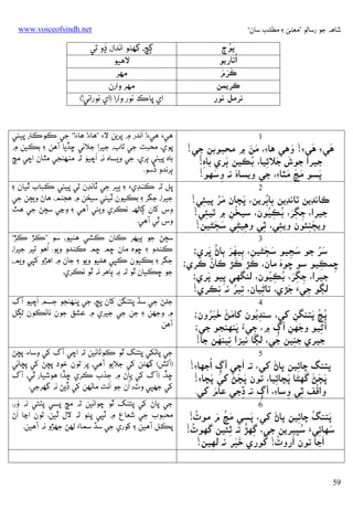 ‫ﺷﺎﻫﻪ ﺟﻮ رﺳﺎﻟﻮ ”ﻣﻌﻨﻰ ۽ ﻣﻄﻠﺐ ﺳﺎن“‬

‫‪www.voiceofsindh.net‬‬

‫ُ‬
‫ﭘﻮڄ‬
‫ُאﺗﺎرﻳﻮ‬
‫ََ َ‬
‫ﻛﺮم‬
‫ﻛﺮﻳﻤﻦ‬
‫ﻧﺮﻣﻞ ﻧﻮر‬

‫1‬
‫َ‬
‫َ‬
‫َ‬
‫َ َ‬
‫ﻫﻲ‪ ‬ﻫﻲ‪ !‬وﻫﻲ ﻫﺎ‪ ،‬ﻣﻦ ۾ ﻣﺤﺒﻮﺑﻦ ﺟﻲ!‬
‫ِ ِ‬
‫َ‬
‫َ َ ِ ُ‬
‫ﺟﻴﺮא ﺟﻮش ﺟﻼﺋﻴﺎ، ﺑﻜﻴﻦ ﭔﺮي ﺑﺎهِ!‬
‫َ ِ َ‬
‫َ َ َ‬
‫َ‬
‫ﭘﺴﻮ ﻣﭻ ﻣﭥﺎ‪ ،‬ﺟﻲ وﻳﺴﺎه ﻧﻪ وﺳﻬﻮ!‬
‫2‬
‫ُ‬
‫َ‬
‫ﻛﺎﻧﮉﻳﻦ ﭨﺎﻧﮉﻳﻦ ﭔﺎﭔﺮﻳﻦ، ﭘﭽﺎن ﻣﺮ ﭘﻴﺌﻲ!‬
‫َُ ِ‬
‫ِ َِ ُ ُِ‬
‫ﺟﻴﺮא، ﺟﮕﺮ، ﺑﻜﻴﻮن، ﺳﻴﺨﻦ ۾ ﭨﻴﺌﻲ!‬
‫ِ‬
‫ُ ِ‬
‫ِ ِ َ َ‬
‫وﻳﭵﻨﺌﻮن وﻳﺌﻲ، ﭤِﻲ وﻫﻴﮣﻲ ﺳﭵﮣﻴﻦ!‬
‫ِ‬
‫َِ‬
‫3‬
‫َ َ ُ‬
‫َ َ‬
‫ﺳﺮ ﺟﻮ ﺳﭹﻴﻮ ﺳﭵﮣﻴﻦ، ﭔﻴﻬﺮ ﭔﺎڻ َ‬
‫َُ‬
‫ﭜﺮي؛‬
‫َ ِ‬
‫ِ‬
‫ُ َ‬
‫َ َ‬
‫َ‬
‫ﮀﻤﻜﻴﻮ ﺳﻮ ﮀﻮه ﻣﺎن، ﻛﮍ ﻛﮍ ﻛﺎن ﻛﺮي؛‬
‫ِ ِ‬
‫ِ َ‬
‫ِ َِ ُ ُِ‬
‫ﺟﻴﺮא، ﺟﮕﺮ، ﺑﻜﻴﻮن، ﻟﻨﮕﮭﻲ ﭘﻴﻮ ﭘﺮي؛‬
‫َ‬
‫ِ ُ‬
‫ﻟﮙﻮ ﺟﻲَء ﺟﮍي، ﺗﺎﮢﻴﺎن، ﺗﻴﺮ ﻧﻪ ﻧِﻜﺮي!‬
‫ِ‬
‫ِ‬
‫4‬
‫ﭘﭿ ﭘﺘﻨﮕﻦ ﮐﻲ، ﺳﻨﺪﻳﻮن ﮐﺎﻣﮡ َ‬
‫ُ ُ َ‬
‫ُِ‬
‫َُ‬
‫َ َ ﺧﺒﺮون؛‬
‫ِ‬
‫َ‬
‫َ‬
‫آﮢﻴﻮ وﺟﮭﻦ آڳ ۾، ﺟﻲ‪ ‬ﭘﻨﻬﻨﺠﻮ ﺟﻲ؛‬
‫ِ‬
‫ِ‬
‫ِ ِ‬
‫ﺟﻴﺮي ﺟﻨﻴﻦ ﺟﻲ، ﻟﮙﺎ ﻧﻴﺰא ِ َ‬
‫ﻧﻴﻨﻬﻦ ﺟﺎ!‬
‫ِ‬
‫5‬
‫ﭘﺘﻨﮓ ﭼﺎﺋﻴﻦ ﭘﺎڻ ﮐﻲ، ﺗﻪ אﭼﻲ آڳ ُ‬
‫َ‬
‫َ‬
‫ِ אﺟﮭﺎ‪!‬‬
‫ِ‬
‫ﭘﭽﮡ ﮔﮭﮣﺎ ﭘﭽﺎﺋﻴﺎ، ﺗﻮن ﭘﭽﮡَ‬
‫َ َ َ‬
‫َ َ‬
‫َ‬
‫ﮐﻲ ﭘﭽﺎ‪!‬‬
‫َ ِ‬
‫ُ‬
‫َ‬
‫وאﻗﻒ ﭤﻲ وﺳﺎ‪ ،‬آڳ ﻧﻪ ڏﺟﻲ ﻋﺎم ﮐﻲ.‬
‫ِ‬
‫ِ ِ‬
‫ِ‬
‫6‬
‫َ‬
‫ﭘﺘﻨﮓ ﭼﺎﺋﻴﻦ ﭘﺎڻ ﮐﻲ، ﭘﺴﻲ ﻣﭻُ‬
‫ُ‬
‫َ‬
‫َ‬
‫َ ِ َ م ﻣﻮٽ!‬
‫ُ ِ‬
‫ُ‬
‫ُ‬
‫ُ‬
‫ﺳﻬﺎﺋﻲَء ﺳﭙﻴﺮﻳﻦ ﺟﻲ، ﮔِﮭﮍ ﺗﻪ ﭤﺌﻴﻦ ﮔﮭﻮٽ!‬
‫ِ‬
‫َ ِ‬
‫َ‬
‫َ ُ ُ‬
‫ََ‬
‫אﭸﺎ ﺗﻮن אروٽ! ﮐﻮري ﺧﺒﺮ ﻧﻪ ﻟﻬﻴﻦ!‬
‫ِ‬

‫95‬

‫َ‬
‫ﮘﭻ، ﮔﮭﮣﻮ אﻧﺪאز، ڍو ﺗﻲ‬
‫ﻻﻫﻴﻮ‬
‫ﻣﻬﺮ‬
‫ﻣﻬﺮ وאرن‬
‫אي ﭘﺎכ ﻧﻮر وאرא )אي ﻧﻮرאﻧﻲ!(‬
‫َ‬
‫ﻫﻲ‪ ‬ﻫﻲ‪ !‬אﻧﺪر ۾ ﭘﺮﻳﻦ ﻻ‪” ‬ﻫﺎ‪ !‬ﻫﺎ‪ “!‬ﺟﻲ ﻛﻮﻛﺎر ﭘﻴﺌﻲ‬
‫ﭘﻮي. ﻣﺤﺒﺖ ﺟﻲ ﺗﺎب، ﺟﻴﺮא ﺟﻼﺋﻲ ﮀﮇﻳﺎ آﻫﻦ ۽ ﺑﻜﻴﻦ ۾‬
‫َ َ‬
‫ﺑﺎه ﭘﻴﺌﻲ ﭔﺮي. ﺟﻲ وﻳﺴﺎه ﻧﻪ אﭼﻴﻮ ﺗﻪ ﻣﻨﻬﻨﺠﻲ ﻣﭥﺎن אﭼﻲ ﻣﭻ‬
‫ﭔﺮﻧﺪو ڏﺳﻮ.‬
‫ﭜﻞ ﺗﻪ ﻛﻨﮉي‪ ‬۽ ﭔﭕﺮ ﺟﻲ ﭨﺎﻧﮉن ﺗﻲ ﭘﻴﺌﻲ ﻛﺒﺎب ﭤﻴﺎن ۽‬
‫ﺟﻴﺮא، ﺟﮕﺮ ۽ ﺑﻜﻴﻮن ﭨﻴﺌﻲ ﺳﻴﺨﻦ ۾ ﻫﺠﻨﻢ. ﻫﺎڻ وﻳﭵﻦ ﺟﻲ‬
‫وس ﮐﺎن ﮘﺎﻟﻬﻪ ﻧﻜﺮي وﻳﺌﻲ آﻫﻲ ۽ وﭸﻲ ﺳﭵﮡ ﺟﻲ ﻫﭣ‬
‫وس ﭤﻲ آﻫﻲ.‬
‫ﺳﭵﮡ ﺟﻮ ﭔﻴﻬﺮ ﻛﺎن ﻛﺸﻲ ﻫﻨﻴﻮ، ﺳﻮ ”ﻛﮍ ﻛﮍ“‬
‫ُ‬
‫ﻛﻨﺪو ۽ ﮀﻮه ﻣﺎن ﮀﻢ ﮀﻢ ﻛﻨﺪو وﻳﻮ. אﻫﻮ ﺗﻴﺮ ﺟﻴﺮא،‬
‫ﺟﮕﺮ ۽ ﺑﻜﻴﻮن ﻛﭙﻲ ﻫﻠﻴﻮ وﻳﻮ ۽ ﺟﺎن ۾ אﻫﮍو ﮐﭙﻲ وﻳﻢ،‬
‫ﺟﻮ ﮀﻜﻴﺎن ﭤﻮ ﺗﻪ ﺑﻪ ﭔﺎﻫﺮ ﻧﻪ ﭤﻮ ﻧﻜﺮي.‬
‫َ‬
‫ﺟﻠﮡ ﺟﻲ ﺳﮅ ﭘﺘﻨﮕﻦ ﮐﺎن ﭘﭿ، ﺟﻲ ﭘﻨﻬﻨﺠﻮ ﺟﺴﻢ אﭼﻴﻮ آگ‬
‫۾ وﺟﮭﻦ ۽ ﺟﻦ ﺟﻲ ﺟﻴﺮي ۾ ﻋﺸﻖ ﺟﻮن ﻧﺎﺋﻜﻮن ﻟﮙﻞ‬
‫آﻫﻦ‬
‫ﺟﻲ ﭘﺎﮢﮑﻲ ﭘﺘﻨﮓ ﭤﻮ ﻛﻮﭠﺎﺋﻴﻦ ﺗﻪ אﭼﻲ آگ ﮐﻲ وﺳﺎ‪ .‬ﭘﭽﮡ‬
‫)آﺗﺶ( ﮔﮭﮣﻦ ﮐﻲ ﺟﻼﻳﻮ آﻫﻲ، ﭘﺮ ﺗﻮن ﺧﻮد ﭘﭽﮡ ﮐﻲ ﭘﭽﺎﺋﻲ‬
‫ﮀﮇ. )آگ ﮐﻲ ﭘﺎڻ ۾ ﺟﺬب ﻛﺮي ﮀﮇ( ﻫﻮﺷﻴﺎر ﭤﻲ، آگ‬
‫َ‬
‫ُ‬
‫ﮐﻲ ﺟﮭﭙﻲ وٺ؛ אن ﺟﻮ אﻧﺖ ﻣﺎﮢﻬﻦ ﮐﻲ ڏﻳﮡ ﻧﻪ ﮔﮭﺮﺟﻲ.‬
‫َ‬
‫ﺟﻲ ﭘﺎڻ ﮐﻲ ﭘﺘﻨﮓ ﭤﻮ ﭼﻮאﺋﻴﻦ ﺗﻪ ﻣﭻ ﭘﺴﻲ ﭘﭡﺘﻲ ﻧﻪ ور.‬
‫َ‬
‫ﻣﺤﺒﻮب ﺟﻲ ﺷﻌﺎع ۾ ﭨﭙﻲ ﭘﺌﻮ ﺗﻪ ﻻل ﭤﻴﻦ. ﺗﻮن אﭸﺎ אڻ‬
‫ﭘﻜﻞ آﻫﻴﻦ ۽ ﮐﻮري ﺟﻲ ﺳﮅ ﺳﻤﺎُء ﻟﻬﮡ ﺟﮭﮍو ﻧﻪ آﻫﻴﻦ.‬

 