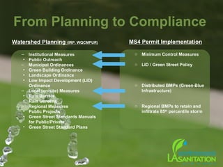 From Planning to Compliance
Watershed Planning (IRP, WQCMPUR)
– Institutional Measures
• Public Outreach
– Municipal Ordinances
• Green Building Ordinance
• Landscape Ordinance
• Low Impact Development (LID)
Ordinance
– Local (on-site) Measures
• Rain Barrels
• Rain Gardens
– Regional Measures
• Public Projects
• Green Street Standards Manuals
for Public/Private
• Green Street Standard Plans
MS4 Permit Implementation
o Minimum Control Measures
o LID / Green Street Policy
o Distributed BMPs (Green-Blue
Infrastructure)
o Regional BMPs to retain and
infiltrate 85th
percentile storm
 