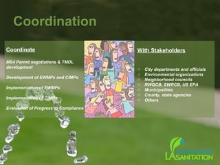 Coordination
With Stakeholders
o City departments and officials
o Environmental organizations
o Neighborhood councils
o RWQCB, SWRCB, US EPA
o Municipalities
o County, state agencies
o Others
Coordinate
MS4 Permit negotiations & TMDL
development
Development of EWMPs and CIMPs
Implementation of EWMPs
Implementation of CIMPs
Evaluation of Progress to Compliance
 