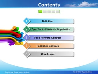 Contents


                       1                Definition


                       2       Open Control System in Organization


                       3         Feed Forward Controls


                       4           Feedback Controls


                       5               Conclusion




Corporate Governance in Asia                                         Control In Organizations
 