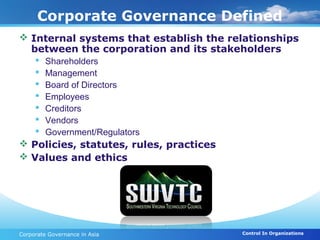Corporate Governance Defined
 Internal systems that establish the relationships
  between the corporation and its stakeholders
        Shareholders
        Management
        Board of Directors
        Employees
        Creditors
        Vendors
        Government/Regulators
 Policies, statutes, rules, practices
 Values and ethics




Corporate Governance in Asia             Control In Organizations
 