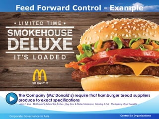 Feed Forward Control - Example




      The Company (Mc’Donald’s) require that hamburger bread suppliers
      produce to exact specifications
      John F. love : Mc’Donald’s Behind the Arches , Ray Kroc & Robert Anderson, Grinding It Out : The Making of Mc’Donald’s




Corporate Governance in Asia                                                                               Control In Organizations
 