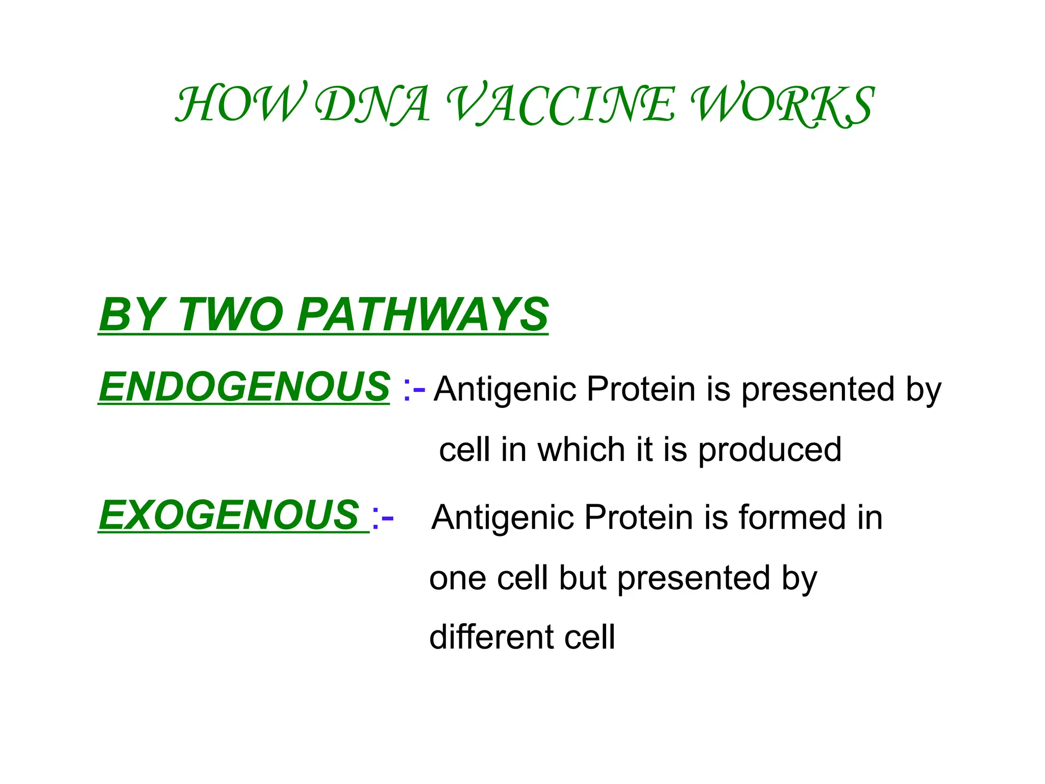 HOW DNA VACCINE WORKS
BY TWO PATHWAYS
ENDOGENOUS :- Antigenic Protein is presented by
cell in which it is produced
EXOGENOUS :- Antigenic Protein is formed in
one cell but presented by
different cell
 