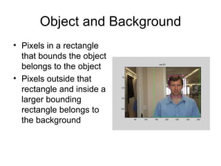 Object and Background Pixels in a rectangle that bounds the object belongs to the object Pixels outside that rectangle and inside a larger bounding rectangle belongs to the background 