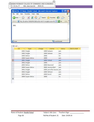 AKBAR PEERBHOY COLLEGE OF COMMERCE AND ECONOMICS 
T. Y. B. Sc. IT Adv. Java Journal 2014-15 
Name of Student: Shaikh Fahad Subject: Adv. Java Teachers Sign: ______________________ 
Page 36 Roll No of Student: 31 Date: 19-09-14 
 