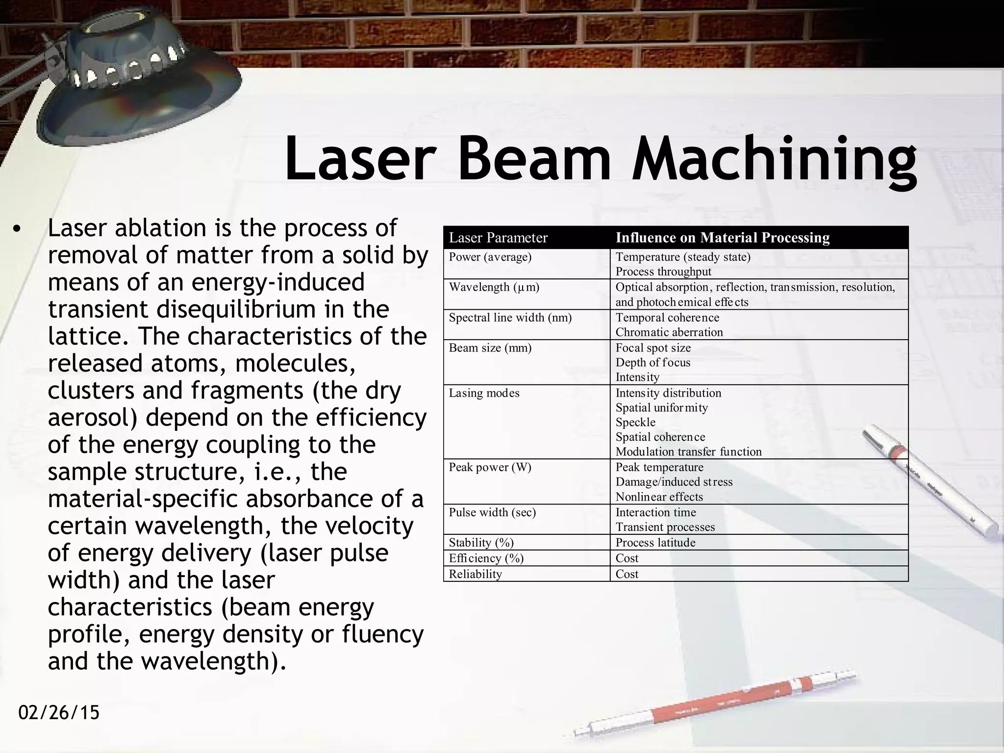 02/26/15
Laser Beam Machining
• Laser ablation is the process of
removal of matter from a solid by
means of an energy-induced
transient disequilibrium in the
lattice. The characteristics of the
released atoms, molecules,
clusters and fragments (the dry
aerosol) depend on the efficiency
of the energy coupling to the
sample structure, i.e., the
material-specific absorbance of a
certain wavelength, the velocity
of energy delivery (laser pulse
width) and the laser
characteristics (beam energy
profile, energy density or fluency
and the wavelength).
Laser Parameter Influence on Material Processing
Power (average) Temperature (steady state)
Process throughput
Wavelength (µm) Optical absorption, reflection, transmission, resolution,
and photochemical effects
Spectral line width (nm) Temporal coherence
Chromatic aberration
Beam size (mm) Focal spot size
Depth of focus
Intensity
Lasing modes Intensity distribution
Spatial uniformity
Speckle
Spatial coherence
Modulation transfer function
Peak power (W) Peak temperature
Damage/induced stress
Nonlinear effects
Pulse width (sec) Interaction time
Transient processes
Stability (%) Process latitude
Efficiency (%) Cost
Reliability Cost
 