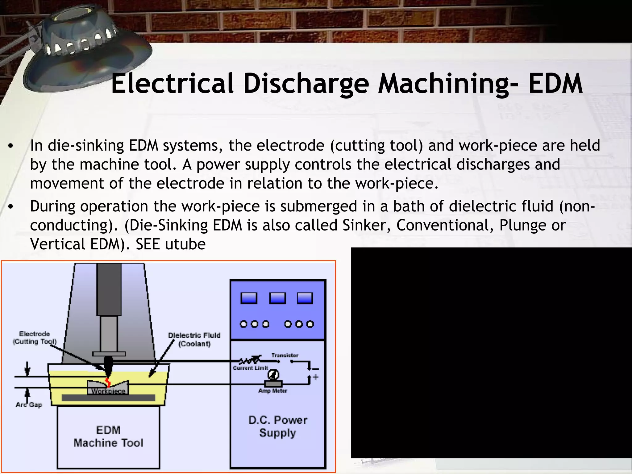 02/26/15
Electrical Discharge Machining- EDM
• In die-sinking EDM systems, the electrode (cutting tool) and work-piece are held
by the machine tool. A power supply controls the electrical discharges and
movement of the electrode in relation to the work-piece.
• During operation the work-piece is submerged in a bath of dielectric fluid (non-
conducting). (Die-Sinking EDM is also called Sinker, Conventional, Plunge or
Vertical EDM). SEE utube
 