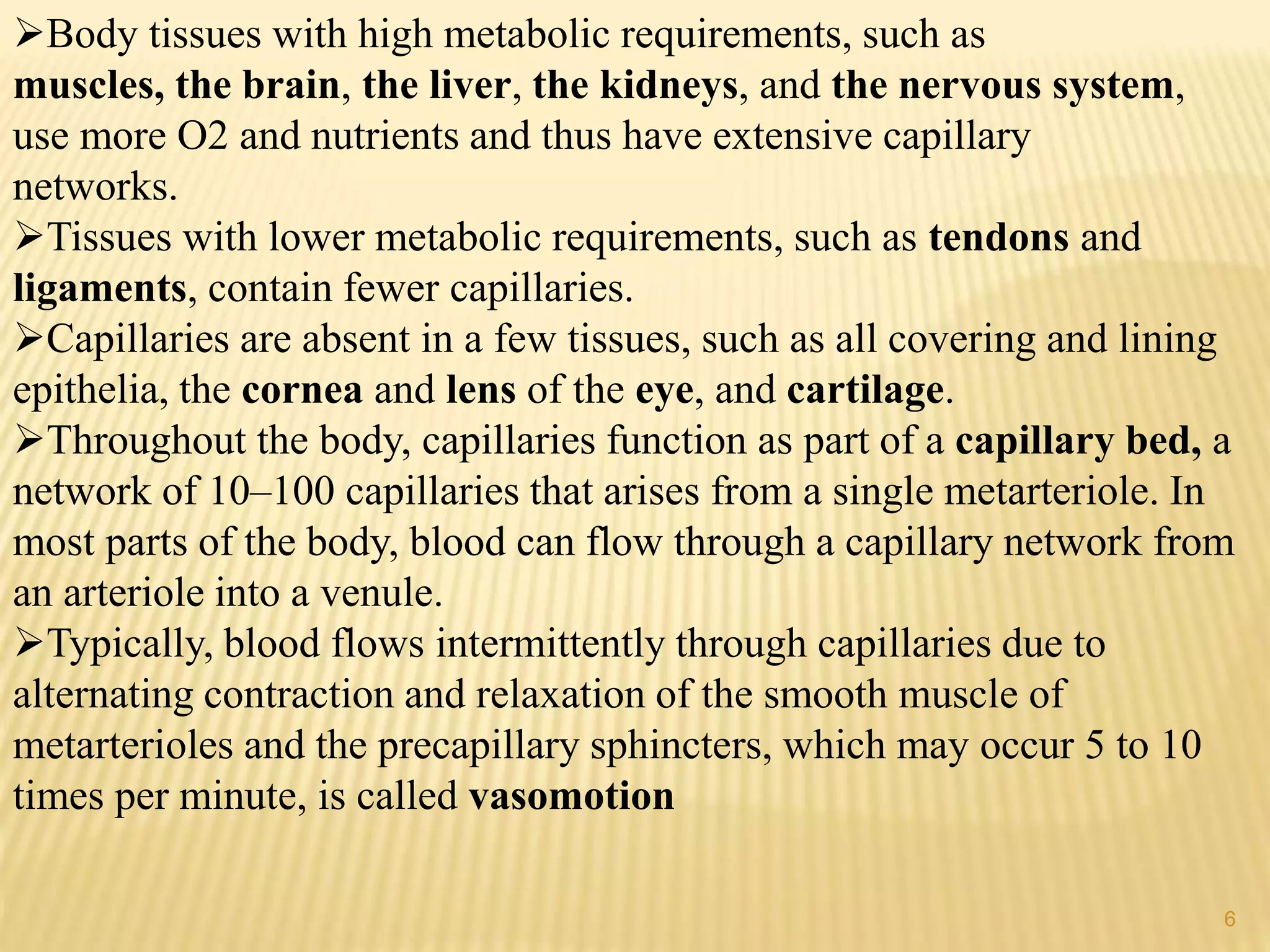 Body tissues with high metabolic requirements, such as
muscles, the brain, the liver, the kidneys, and the nervous system,
use more O2 and nutrients and thus have extensive capillary
networks.
Tissues with lower metabolic requirements, such as tendons and
ligaments, contain fewer capillaries.
Capillaries are absent in a few tissues, such as all covering and lining
epithelia, the cornea and lens of the eye, and cartilage.
Throughout the body, capillaries function as part of a capillary bed, a
network of 10–100 capillaries that arises from a single metarteriole. In
most parts of the body, blood can flow through a capillary network from
an arteriole into a venule.
Typically, blood flows intermittently through capillaries due to
alternating contraction and relaxation of the smooth muscle of
metarterioles and the precapillary sphincters, which may occur 5 to 10
times per minute, is called vasomotion
6
 