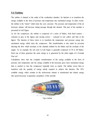 13
5.4 Turbine
The turbine is situated at the outlet of the combustion chamber. Its function is to transform the
energy available in the form of pressure and temperature into mechanical energy. In other words,
the turbine is the “motor” which turns the com- pressure. The pressure and temperature of the air
kerosene mixture will decrease during passage through this element. This part of the machine is
presented in Left Figure.
As for the compressor, the turbine is composed of a series of blades, both fixed (stators –
coloured in grey in the figure) and moving (rotors – coloured in red, yellow and blue in the
figure). The function of these rotors is to transform the temperature and pressure energy into
mechanical energy which turns the compressor. This transformation is also made by precisely
directing the flow which develops in the channels defined by the blades and the envelope of the
engine. As an example, the red rotor in Left Figure is generally composed of 30 to 40 blades.
Each one of these generates the same energy as is generated by the entire engine of a Formula
One car!
Calculations show that the complete transformation of the energy available in the form of
pressure and temperature and the energy available in the kerosene gives more mechanical energy
than is needed to turn the compressor (typically twice as much). The turbine serves then to
transform only the quantity of energy strictly required to achieve this function. The 50%
available energy which remains in the air/kerosene mixture is transformed into kinetic energy
(the speed necessary to guarantee propulsion of the aircraft).
Fig-e-turbine
 