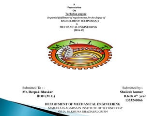 A
Presentation
On
Turbofan engine
In partial fulfillment of requirements for the degree of
BACHELOR OF TECHNOLOGY
In
MECHANICAL ENGINEERING
[2016-17]
Submitted To : - Submitted by:-
Mr. Deepak Bhaskar Shailesh kumar
HOD (M.E.) B.tech 4th year
1333240066
DEPARTMENT OF MECHANICAL ENGINEERING
MAHARAJAAGARSAIN INSTITUTE OF TECHNOLOGY
NH-24, PILKHUWA GHAZIABAD 245304
 