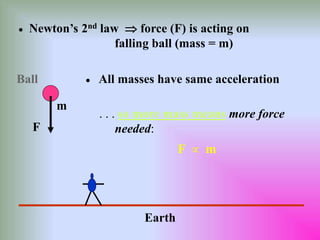  Newton’s 2nd law  force (F) is acting on
falling ball (mass = m)
 All masses have same acceleration
. . . so more mass means more force
needed:
mF 
F
m
Ball
Earth
 