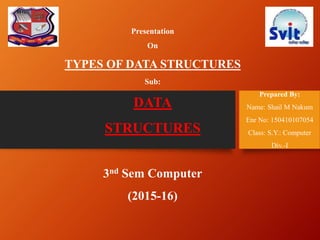 Presentation
On
TYPES OF DATA STRUCTURES
Sub:
DATA
STRUCTURES
3nd Sem Computer
(2015-16)
Prepared By:
Name: Shail M Nakum
Enr No: 150410107054
Class: S.Y.: Computer
Div.-I
 