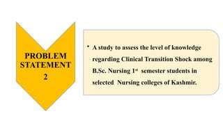 PROBLEM
STATEMENT
2
• A study to assess the level of knowledge
regarding Clinical Transition Shock among
B.Sc. Nursing 1st
semester students in
selected Nursing colleges of Kashmir.
 