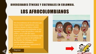 DIVERSIDADES ÉTNICAS Y CULTURALES EN COLOMBIA.
LOS AFROCOLOMBIANOS
Son descendientes de los africanos que
fueron traídos originalmente como
esclavos durante la época colonial,
concentrándose principalmente en tres
regiones: Costa del pacifico, costa del
caribe y en el valle del cauca.
Toda la población afrocolombiana habla
el español a excepción del poblado de
San Basilio De Palenque, donde
también hablan palanquero.
Los afrodescendientes representan el
10,6% de la población.
Regresar
 