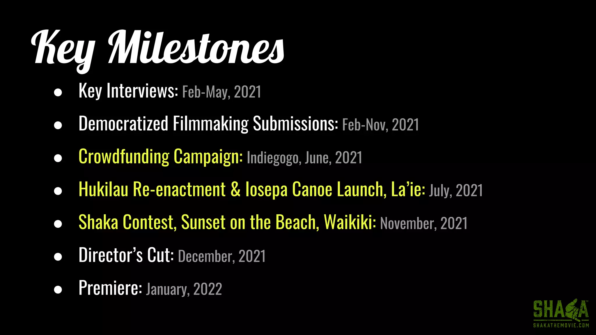 Key Milestones
● Key Interviews: Feb-May, 2021
● Democratized Filmmaking Submissions: Feb-Nov, 2021
● Crowdfunding Campaign: Indiegogo, June, 2021
● Hukilau Re-enactment & Iosepa Canoe Launch, La’ie: July, 2021
● Shaka Contest, Sunset on the Beach, Waikiki: November, 2021
● Director’s Cut: December, 2021
● Premiere: January, 2022
 