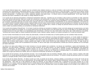 1) el mundo infernal (Jigoku-kai) : Aquellos que han cometido actos nefastos durante su vida son enviados a este mundo donde los demonios los torturan,
   conocerán terror permanente y sufrimientos eternos. Es un mundo de sufrimiento debido al mal karma, y como dice Shaka: « el primero es el infierno, donde
   se consumen el océano de fuego, ríos de sangre, montañas mórbidas, lluvias de azufre, de temor tras temor interminable, aquellos que caigan en este mundo
   sufrirán eternamente ». Tormento día y noche, cadáveres apilados unos sobre otros... el infierno como se conoce popularmente. “es el lugar donde las
   personas que fueron malvadas en vida reciben su castigo después de morir”.

   2) el mundo de los demonios devoradores o fantasmas hambrientos (Gaki-kai) : Aquellos que son enviados a este mundo se convierten en Gaki, demonios
   que sufren hambre eternamente. Este es el mundo de la hambruna y los hambrientos, el mundo de la insaciedad, Shaka comenta que el segundo infierno es
   el de la hambruna, los que caigan en este mundo viven con la piel sobre los huesos, sus cuerpos se hacen esqueléticos y con el estómago inflamado, hinchado
   por el hambre, preparados para todo con tal de comer cualquier cosa como un lobo hambriento, semicadáveres con los interiores distendidos, con bulimia sin
   fin y hambre eterna, buscarán siempre comida y saltarán sobre la carne muerta, sobre el primer cuerpo que sea derrotado por el hambre, sin que los que lo
   consuman se sacien, pasaran los días devorando y devorando. “El lugar en donde caen y reciben su castigo las personas llenas de avaricia. Sufriran de tanto
   comer y beber sus propias entrañas y se convertirán en fantasmas habrientos”.

   3) el mundo de las bestias (Chikushô-kai) : En el tercer mundo las víctimas se convierten en bestias e inician una lucha salvaje por la supervivencia, son tanto
   cazadores como presas de sus iguales, en un mundo donde prima la ley del más fuerte, es el más fuerte quien se come al más débil en una batalla eterna por
   la supervivencia en la hay que matar a sus depredadores para alimentarse y continuar con vida, donde sólo el más fuerte, ágil y hábil sobrevive a los demás.
   “Humanos que vivieron según su instinto causando sufrimiento a aves, insectos y peces, renacen y se vuelven animales en un mundo de privación total”.

   Los tres mundos mencionados son las tres malas vías (San’akudô), a donde son enviados tras su muerte aquellos que han cometido malas acciones.

   4) el mundo de los guerreros (Shura-kai) : El cuarto mundo es el de la guerra (Ashura) y los Asura (divinidades guerreras), un mundo repleto de asesinos y
   adversarios, donde vivirán la eternidad peleando y combatiendo entre sí, en una lucha interminable de sangre y muerte, en la que no existe un campeón...
   sólo perdedores. Lucha a muerte día y noche sin descanso, para saciar sangre de venganza que nunca acaba, la sangre es derramada eternamente. Mata o
   muere, todo el tiempo habrá sangre y muerte, aquellos que caigan en este mundo tendrán que estar peleando día tras día sin final. “El lugar donde las
   disputas son eternas y donde viven los aduladores de los dioses. Si caes en este lugar nunca descansarás y tendrás que continuar peleando con tus enemigos
   por toda la eternidad”.

   Los Ashura son seres justo debajo de los seres humanos en los seis estados de la existencia. Los Asuras son semidioses o seres semi-bendecidos. Son
   poderosos, con todo feroces y peleones, y como los seres humanos, son en parte buenos y en parte malvados. En sus manifestaciones más tempranas
   hindues y brahmanes, los Ashura están luchando siempre con los Ten (Deva) por la supremacía (a menudo combaten las deidades comandadas por
   Taishakuten, el señor Indra de la mitología hindú). Los Ashura se comparan a veces con los Titanes de la mitología griega. En una leyenda, están de pie en el
   océano con el agua que alcanza sus rodillas, pero en la mayoría de narraciones, los Ashura no son gigantes.

   5) el mundo de los humanos o de las emociones (Jin-kai) : Es el mundo donde viven los hombres, felicidad, cólera, ira, llanto, miseria y tristeza, todo está
   mezclado en un mundo siempre sacudido por las emociones, ese es el inestable mundo de los humanos. “El mundo en donde las personas sufren en su propio
   infierno, el concepto de Bien y Mal se vuelve inestable en este mundo”.

   6) el mundo de los dioses (Ten-Kai) : El último mundo es el cielo, el paraíso de los Devas, criaturas celestes, se encuentra por encima del mundo de los
   hombres pero no escapa al dominio de la metempsicosis. Allí se puede llegar como hombre, bestia, fantasma hambriento, monstruo o espectro... no se fíen de
   las apariencias... este lugar es el más peligroso de todos los infiernos, ya que desde allí puedes caer a cualquiera de los otros mundos con un solo
   pensamiento vil o insano, cuando la persona cae ahí si comete alguna acción negativa caerá a uno de los otros infiernos, una eternidad de terror espera al día
   siguiente a sus huéspedes. “Lo han descrito como superior al mundo de los humanos pero nunca es posible escapar de ser enviado a otro infierno en el
   territorio de los dioses”.


martes, 23 de octubre de 12
 