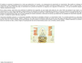 El budismo no reconoce la existencia de un alma que sobreviviría a la muerte, y en consecuencia de renacimiento en renacimiento. Mas enseña sin embargo el
renacimiento. ¿Cómo imaginárselo? Como una secuencia de condiciones, una consecución en cadena. Una llama se apaga y otra se enciende. Como un juego de billar:
cuando una bola choca contra otra bola, el movimiento de la primera se transmite a la segunda, de la segunda a la tercera etc..., sin que se transmita cualquier
material, solamente el impulso.

De la misma manera, cada forma viva condiciona la existencia de la siguiente, sin que ningún alma pase de una a otra. Entre una persona A que muere y su
renacimiento B, no hay ninguna identidad ni siquiera parcial, sino solamente una relación de dependencia condicional. La forma de existencia B es condicionada por la
forma A que le es previa. Nada más. Es todo. Pero si la forma de existencia B será más o menos favorable en cuanto a liberación no es un resultado del azar. Aqui
también el condicionamiento juega. Son los actos realizados de manera consciente e intencional (el karman) que determinan las calidades del renacimiento siguiente,
es decir: la calidad de nuestra vida ética y espiritual.

Intenciones saludables conducen a un renacimiento saludable, intenciones no saludables conducen a un renacimiento "malo". Si un hombre alimentó en su vida actos
e intenciones esencialmente buenos, "alguien" renacerá en una mejor forma de existencia, puede ser incluso como dios (deva, divinidad inferior al sentido hindú del
término). Pero ser un dios no significa que se haya liberado, ya que los dioses en el budismo tiene también un karman (karmadeva), y deberán abandonar su condición
divina si el karman es malo, y volver a bajar en la jerarquía del ciclo de los renacimientos (volver a ser un hombre, animal o planta).




martes, 23 de octubre de 12
 
