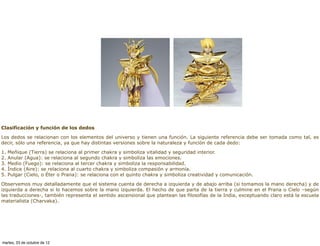 Clasificación y función de los dedos

Los dedos se relacionan con los elementos del universo y tienen una función. La siguiente referencia debe ser tomada como tal, es
decir, sólo una referencia, ya que hay distintas versiones sobre la naturaleza y función de cada dedo:

1.   Meñique (Tierra) se relaciona al primer chakra y simboliza vitalidad y seguridad interior.
2.   Anular (Agua): se relaciona al segundo chakra y simboliza las emociones.
3.   Medio (Fuego): se relaciona al tercer chakra y simboliza la responsabilidad.
4.   Índice (Aire): se relaciona al cuarto chakra y simboliza compasión y armonía.
5.   Pulgar (Cielo, o Éter o Prana): se relaciona con el quinto chakra y simboliza creatividad y comunicación.

Observemos muy detalladamente que el sistema cuenta de derecha a izquierda y de abajo arriba (si tomamos la mano derecha) y de
izquierda a derecha si lo hacemos sobre la mano izquierda. El hecho de que parta de la tierra y culmine en el Prana o Cielo –según
las traducciones-, también representa el sentido ascensional que plantean las filosofías de la India, exceptuando claro está la escuela
materialista (Charvaka).




martes, 23 de octubre de 12
 