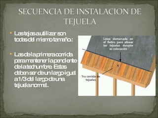 Las tejas a utilizar son todas del mismo tamaño.:  Las de la primera corrida para mantener la pendiente de la techumbre. Estas deben ser de un largo igual a 1/3 del largo de una tejuela normal. 