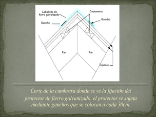 Corte de la cumbrera donde se ve la fijación del protector de fierro galvanizado, el protector se sujeta mediante ganchos que se colocan a cada 30cm. 
