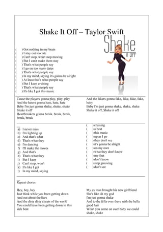 SONG WORKSHEET: Shake it off by Taylor Swift | PDF