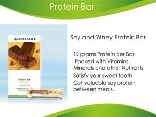 Protein Bar Soy and Whey Protein Bar 12 grams Protein per Bar Packed with Vitamins,  Minerals and other Nutrients Satisfy your sweet tooth Get  valuable soy protein between meals. 
