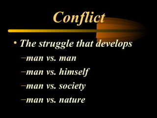 Conflict The struggle that develops man vs. man man vs. himself man vs. society man vs. nature 
