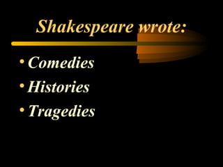 Shakespeare wrote: Comedies Histories Tragedies 