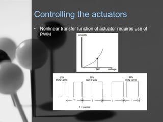 Controlling the actuators
? Nonlinear transfer function of actuator requires use of
  PWM
 