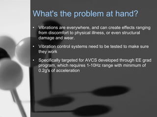 What's the problem at hand?
? Vibrations are everywhere, and can create effects ranging
  from discomfort to physical illness, or even structural
  damage and wear.
? Vibration control systems need to be tested to make sure
  they work
? Specifically targeted for AVCS developed through EE grad
  program, which requires 1-10Hz range with minimum of
  0.2g's of acceleration
 