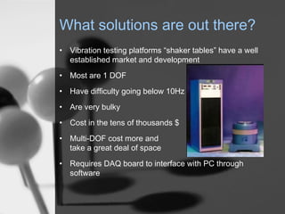 What solutions are out there?
? Vibration testing platforms shaker tables have a well
  established market and development
? Most are 1 DOF
? Have difficulty going below 10Hz
? Are very bulky
? Cost in the tens of thousands $
? Multi-DOF cost more and
  take a great deal of space
? Requires DAQ board to interface with PC through
  software
 