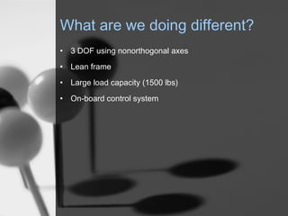 What are we doing different?
? 3 DOF using nonorthogonal axes
? Lean frame
? Large load capacity (1500 lbs)
? On-board control system
 