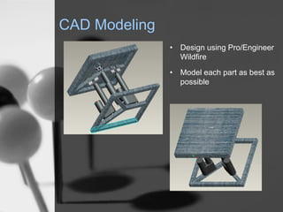 CAD Modeling
               ? Design using Pro/Engineer
                 Wildfire
               ? Model each part as best as
                 possible
 