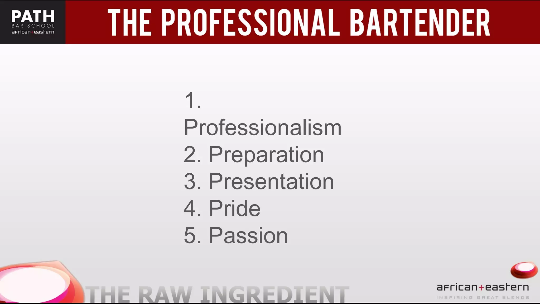 1.
Professionalism
2. Preparation
3. Presentation
4. Pride
5. Passion
 