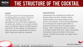 BASE
is the term given for the fundamental
or distinguishing ingredient used in a
cocktail. The base ingredient will
generally be one of the spirit categories
of vodka, gin, whisky, rum, tequila, brandy
and on occasions higher strength liqueurs
(30–40%). In the majority of cocktails the
base can also be substituted for another
spirit, these are noted as variations.
MODIFIERS
characterize the cocktail and modify the
flavors within the drink. Modern drinks
predominantly use sweet (sugar syrup)
and/or citrus (lemon or lime juice) ingredients
to cut through the alcohol and soften or
enhance the flavors from the base spirit or
liqueur. Other ingredients used to modify
a cocktail include fresh fruit, herbs and spices;
Aromatized wines and bitters; fruit juices,
purées, cordials and syrups; and egg, cream
and sugar.
 