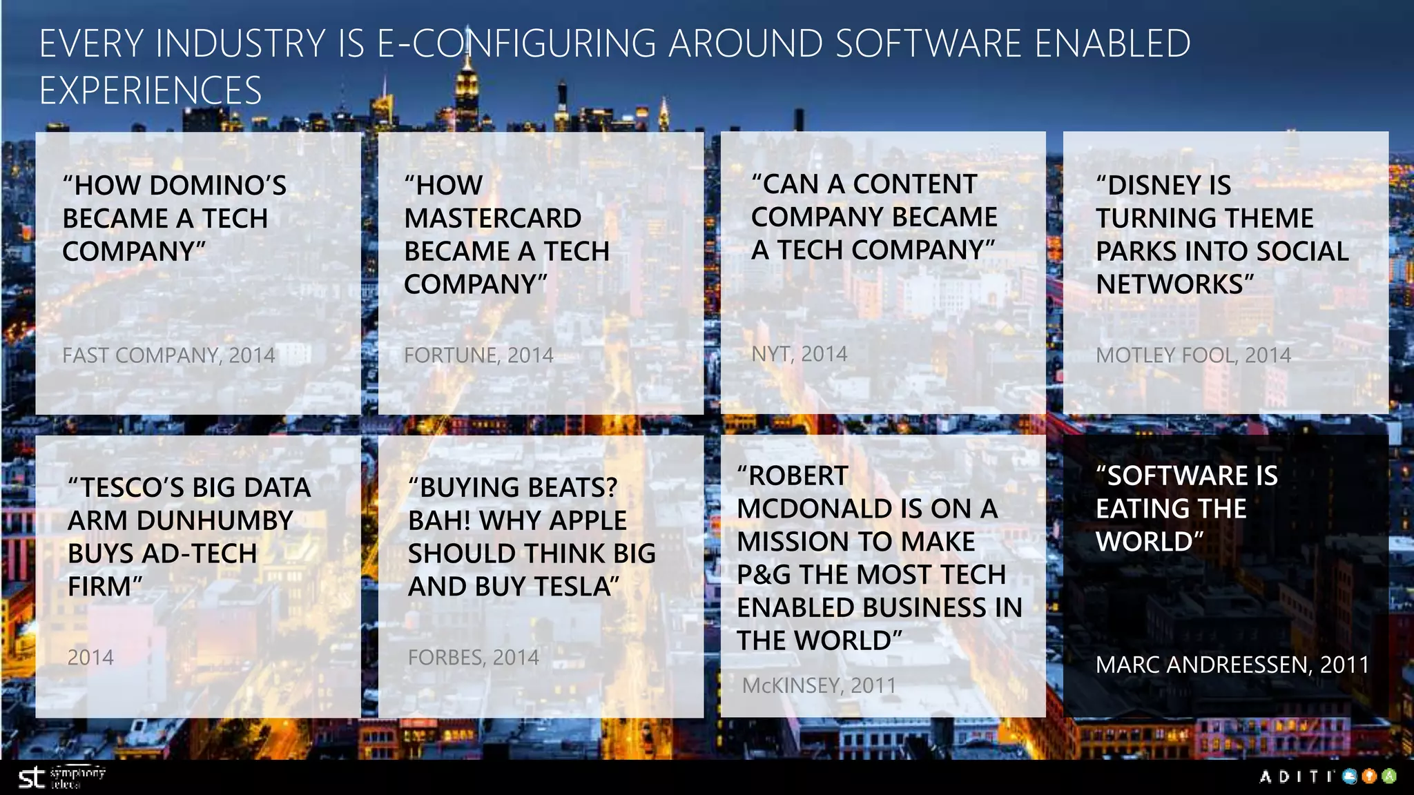 3 
EVERY INDUSTRY IS E-CONFIGURING AROUND SOFTWARE ENABLED 
EXPERIENCES 
“HOW DOMINO’S 
BECAME A TECH 
COMPANY” 
FAST COMPANY, 2014 
“HOW 
MASTERCARD 
BECAME A TECH 
COMPANY” 
FORTUNE, 2014 
“CAN A CONTENT 
COMPANY BECAME 
A TECH COMPANY” 
NYT, 2014 
“DISNEY IS 
TURNING THEME 
PARKS INTO SOCIAL 
NETWORKS” 
MOTLEY FOOL, 2014 
“TESCO’S BIG DATA 
ARM DUNHUMBY 
BUYS AD-TECH 
FIRM” 
2014 
“BUYING BEATS? 
BAH! WHY APPLE 
SHOULD THINK BIG 
AND BUY TESLA” 
FORBES, 2014 
“ROBERT 
MCDONALD IS ON A 
MISSION TO MAKE 
P&G THE MOST TECH 
ENABLED BUSINESS IN 
THE WORLD” 
McKINSEY, 2011 
“SOFTWARE IS 
EATING THE 
WORLD” 
MARC ANDREESSEN, 2011 
 