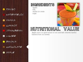 apples
milk
vanilla ice cream
sugar




Apple juice is a good source of iron and kefir removes harmful
bacteria from our bowels.
 
