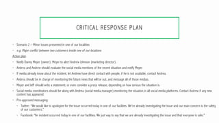 CRITICAL RESPONSE PLAN
• Scenario 2 – Minor issues presented in one of our localities
• e.g. Major conflict between two cu...