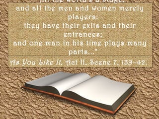 As You Like It , Act II, Scene 7, 139–42. " All the world's a stage, and all the men and women merely players: they have their exits and their entrances; and one man in his time plays many parts..." 